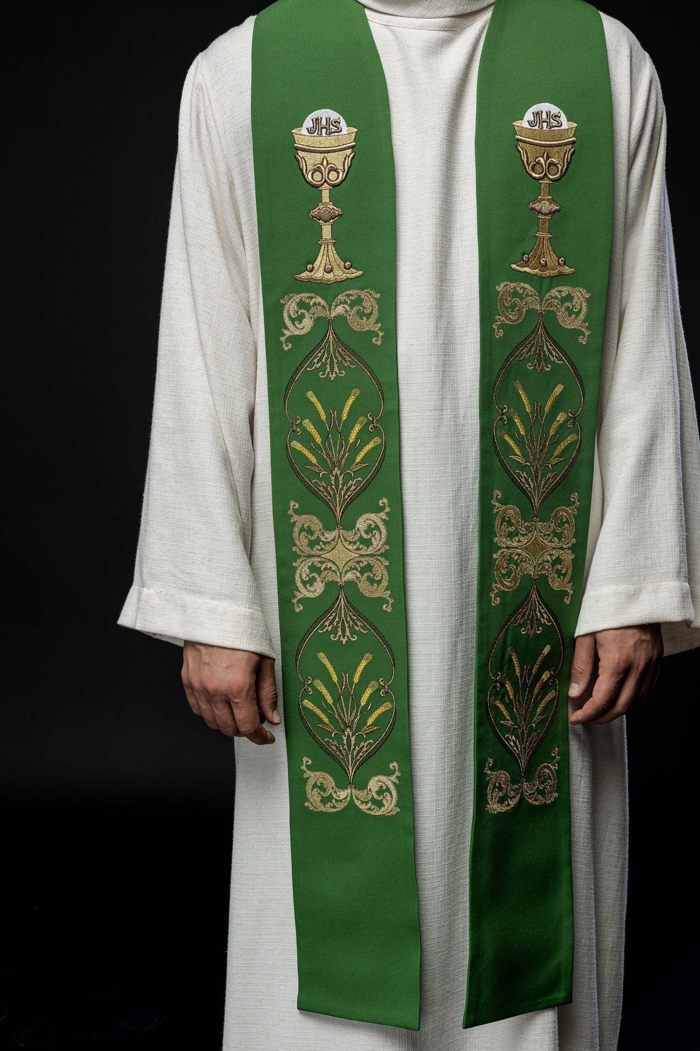 Estola verde con bordado Cáliz e IHS KST/042/01/01 ZIELONY - CASULLAS.ES