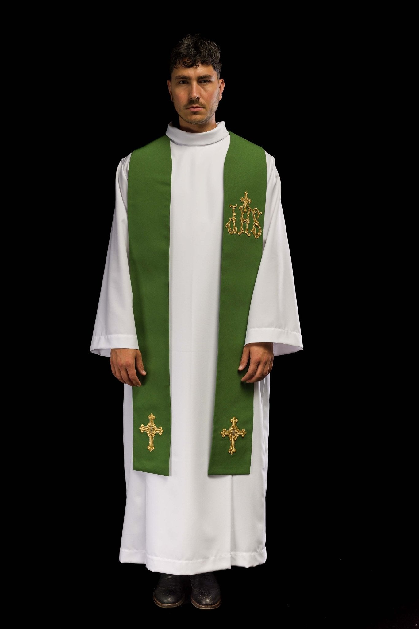 Estola verde con bordado Cruz e IHS KST/157/01/01 ZIELONY - CASULLAS.ES