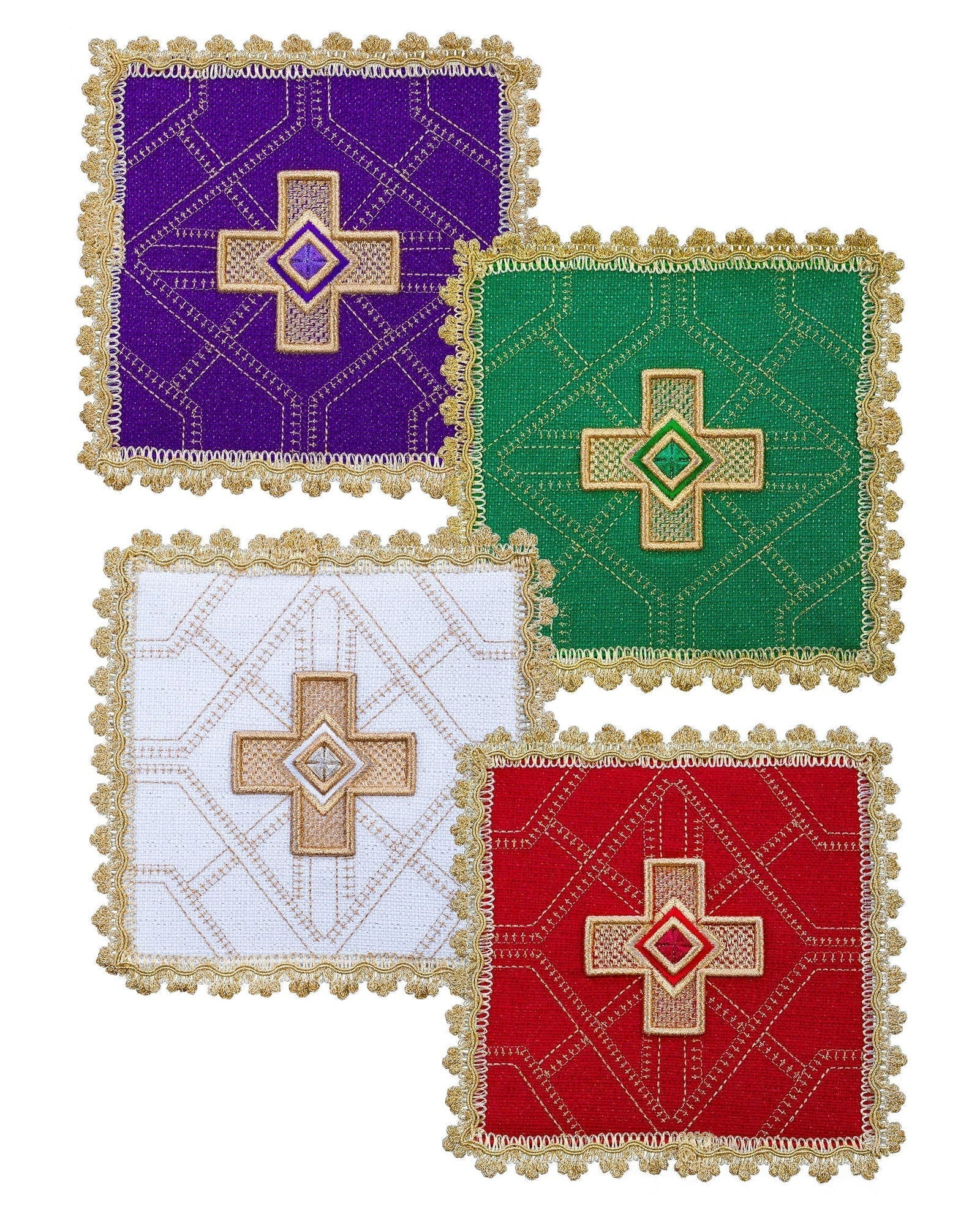 Juego 4 piezas palias bordadas doradas - cuatro colores KPA4/185 18*18 - CASULLAS.ES