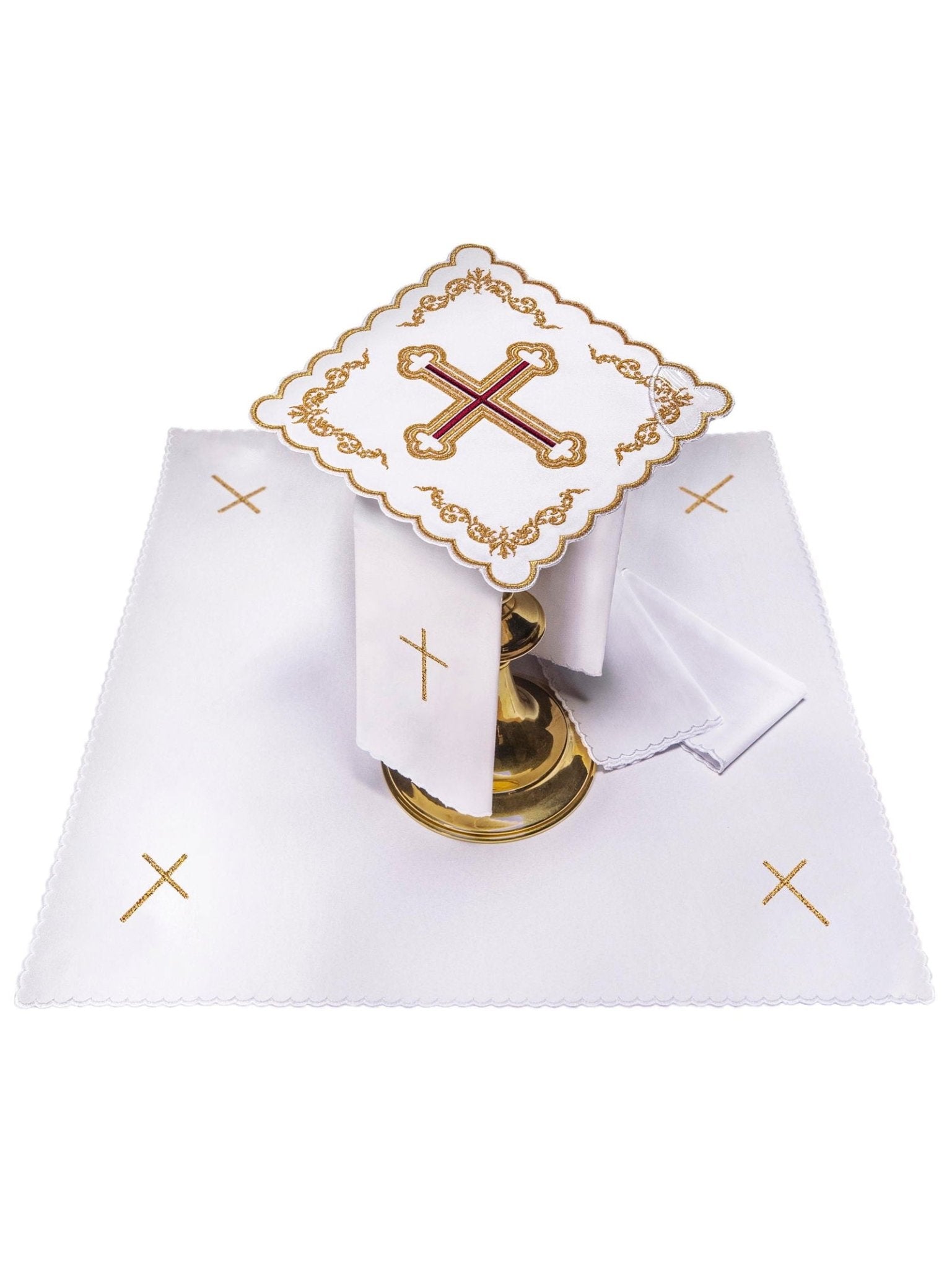 Juego de altar con bordado dorado y motivo de cruz KK/155 - CASULLAS.ES