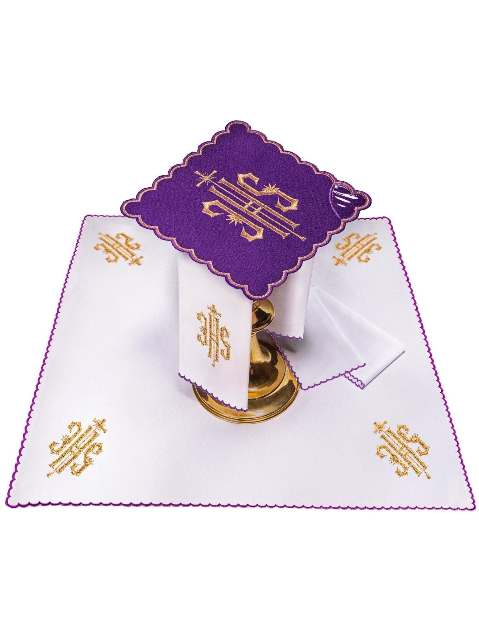 Juego de altar con bordado IHS morado KK/029/03 - CASULLAS.ES