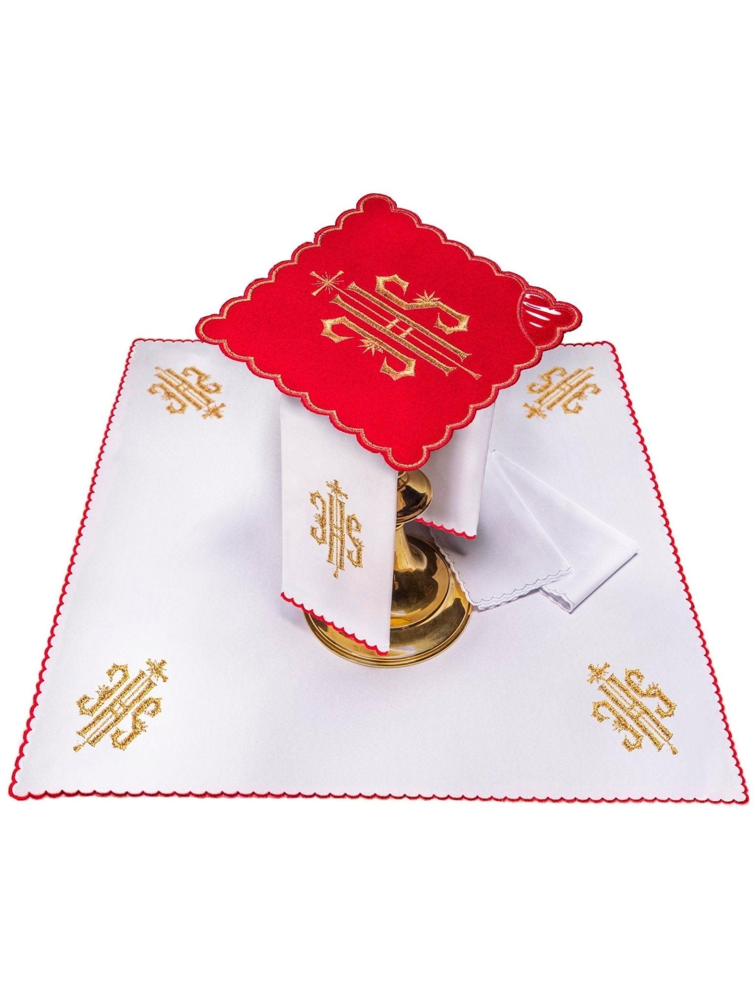 Juego de altar con bordado IHS rojo KK/029/02 - CASULLAS.ES