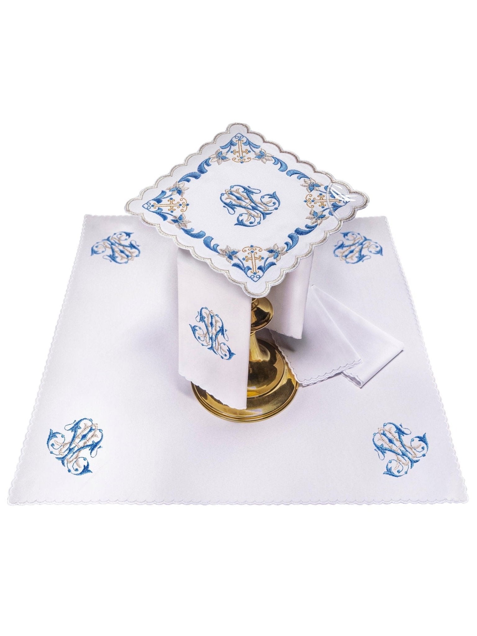 Juego de altar con bordado Mariano y ribete azul KK/092 - CASULLAS.ES