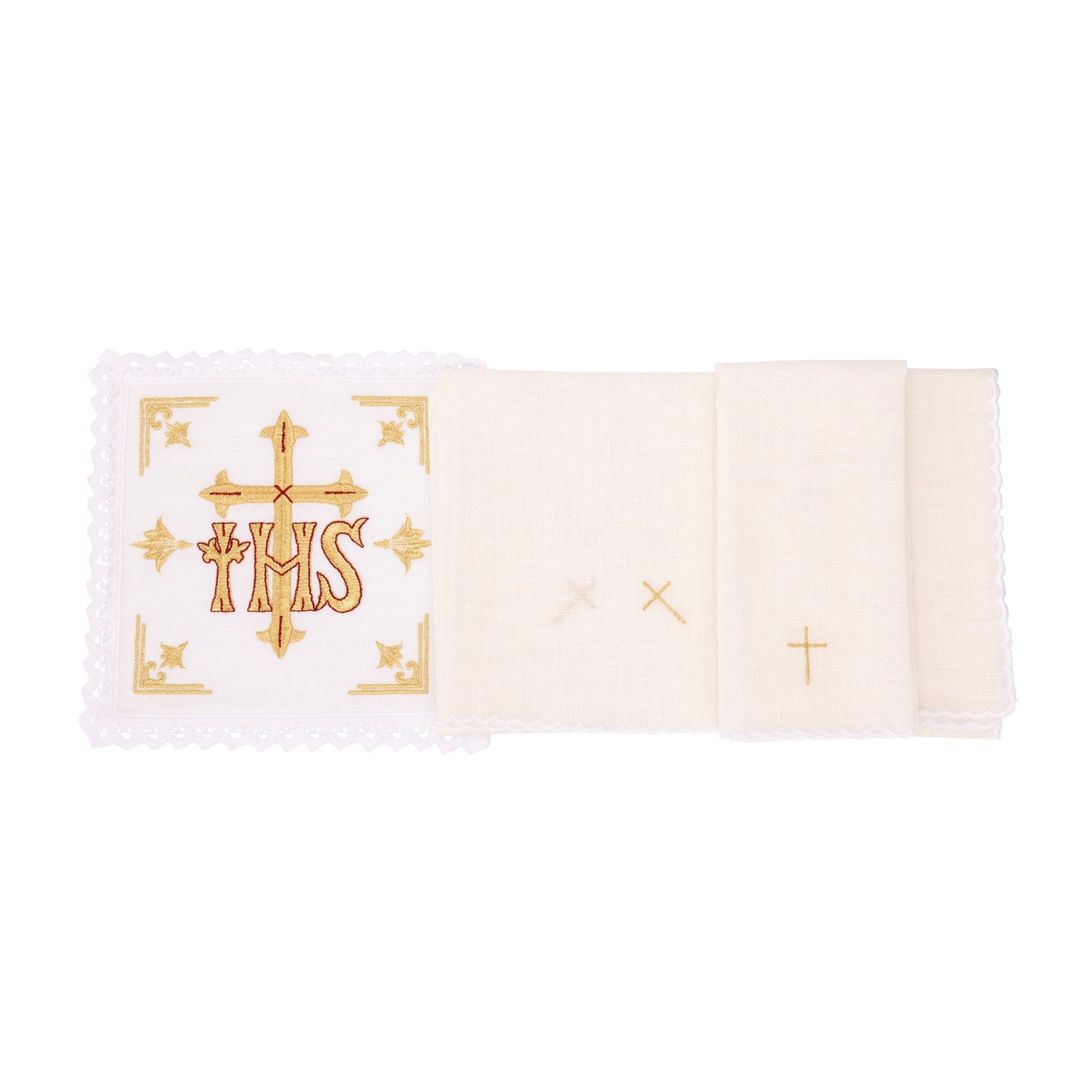 Juego de altar lino con bordado JHS y Cruz KKL/153 - CASULLAS.ES