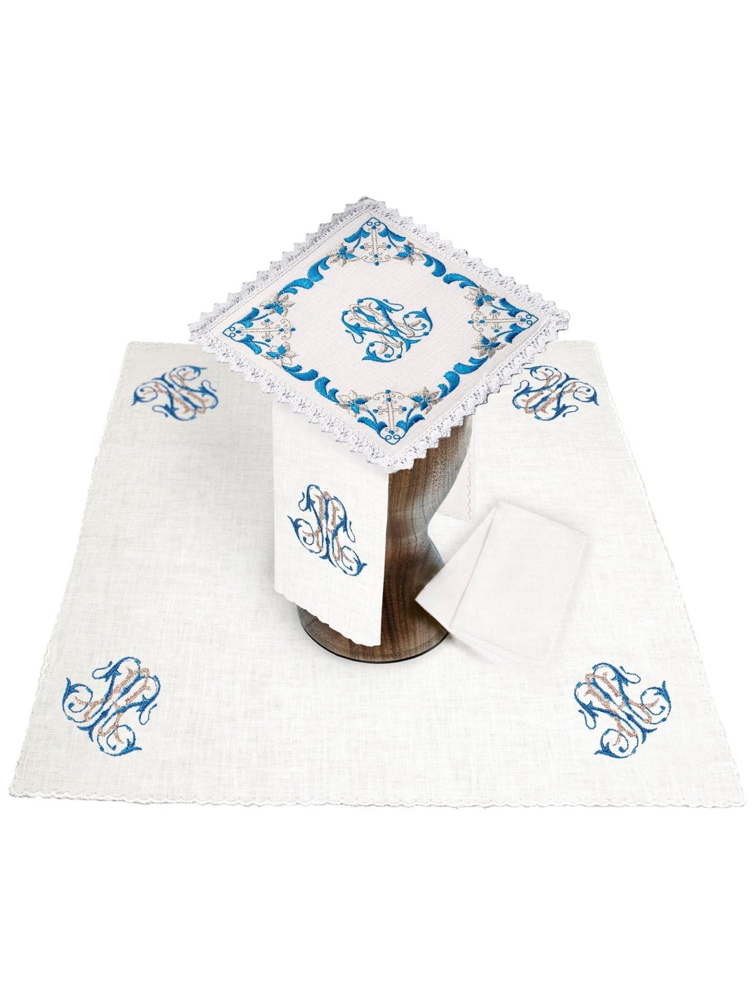 Juego de altar lino con bordado Mariano azul KKL/092 - CASULLAS.ES