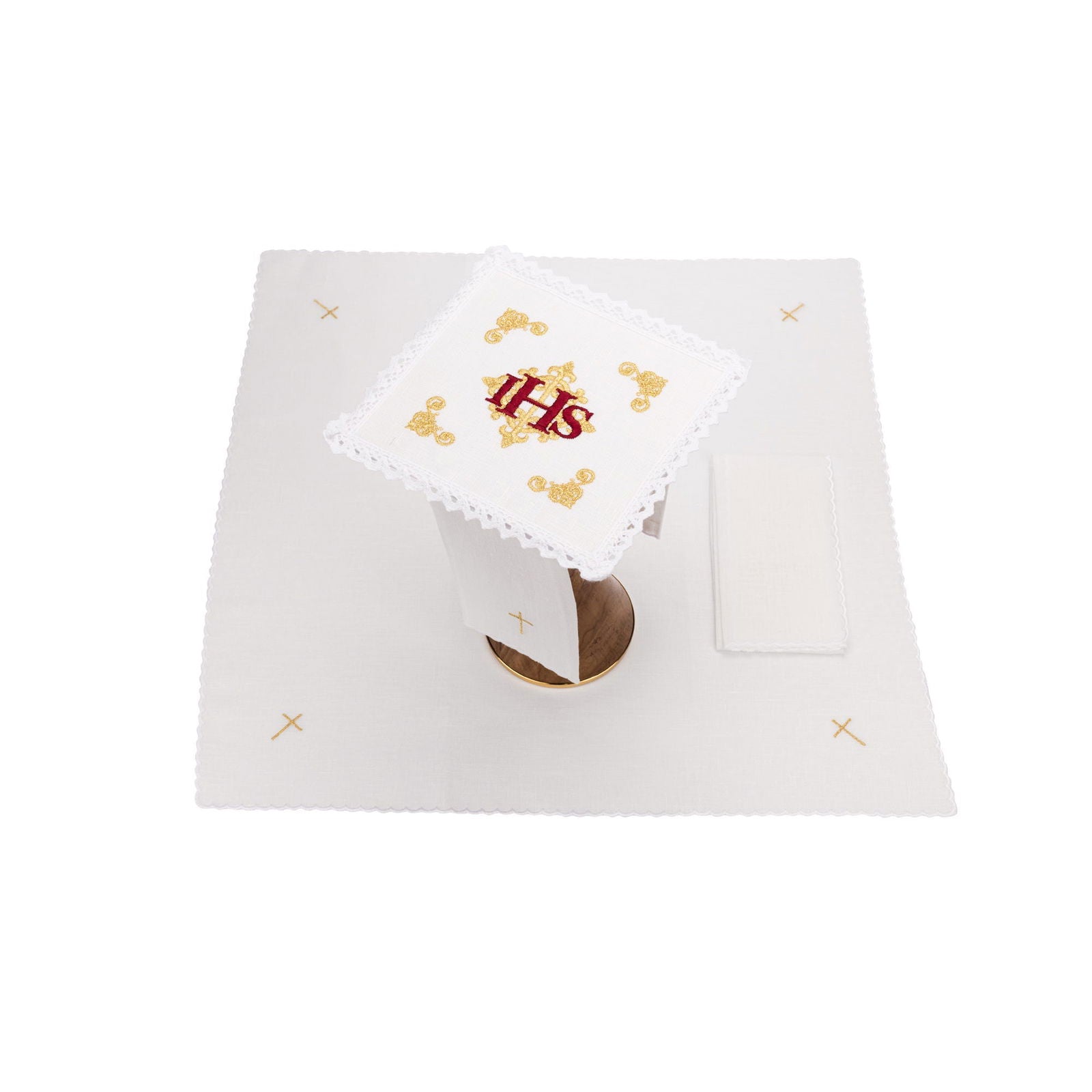 Juego de altar lino con IHS rojo bordado KKL/157 - CASULLAS.ES