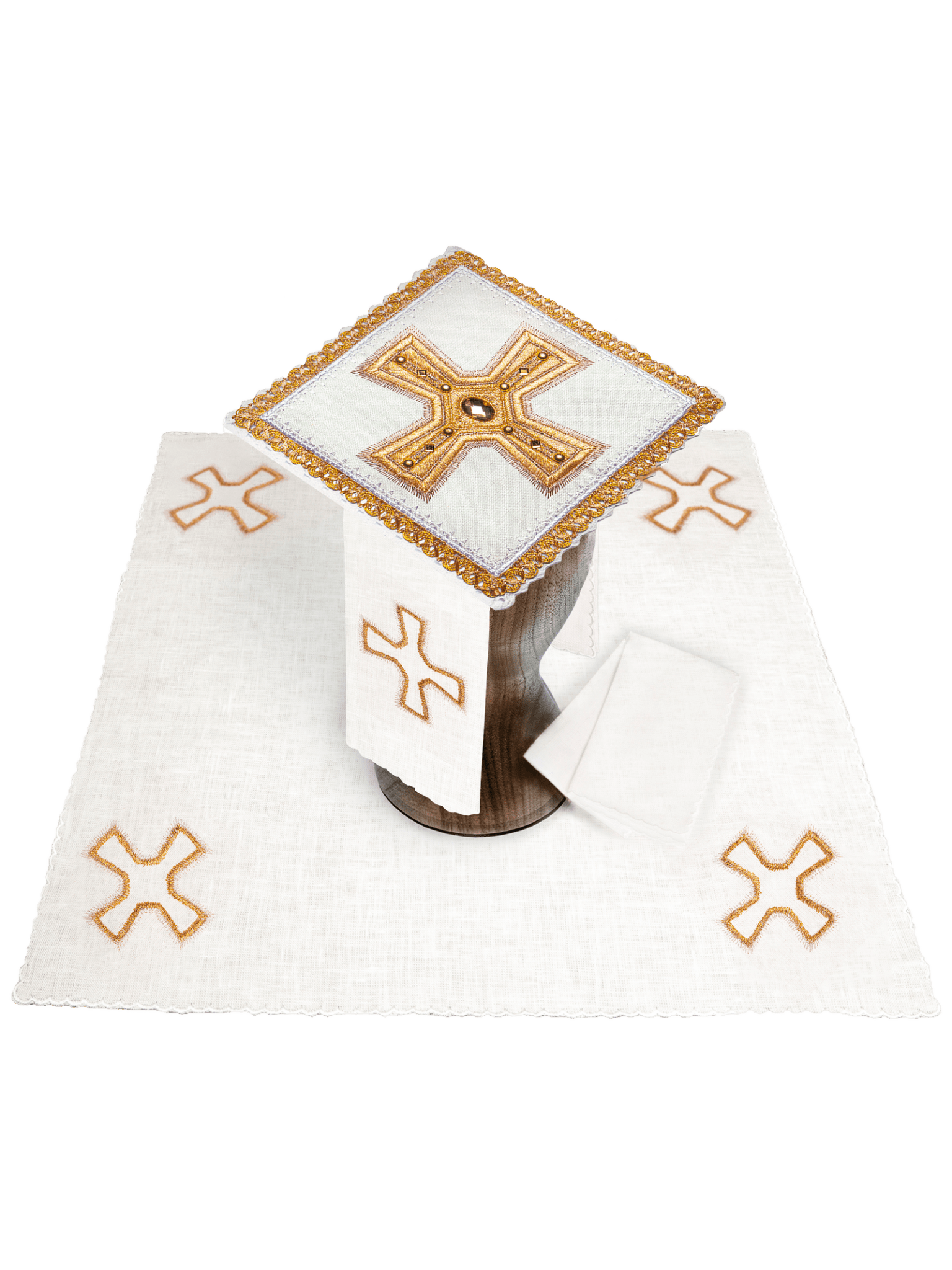 Juego de altar lino ricamente bordado con Cruz y piedras LE/5003 - CASULLAS.ES