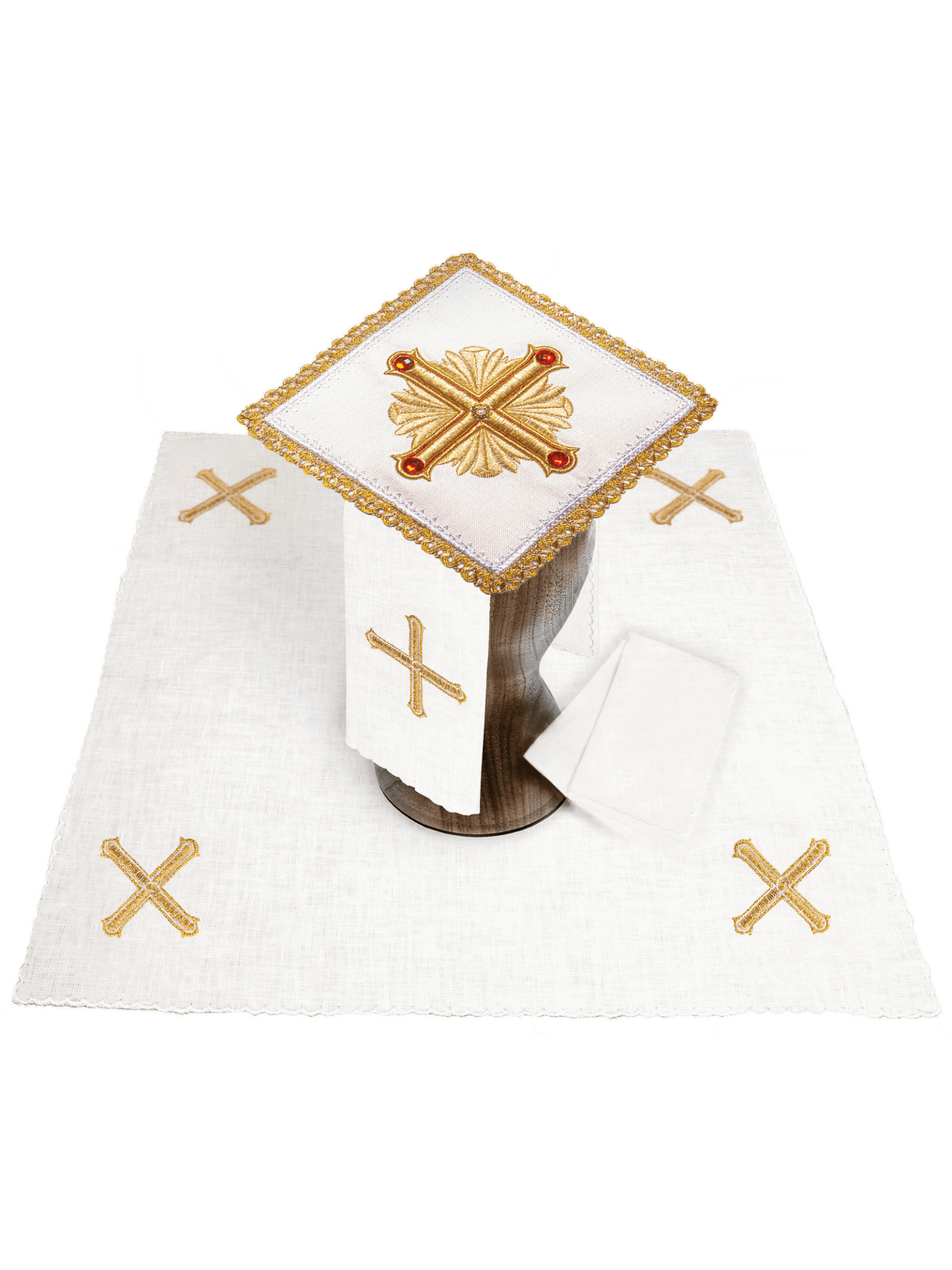 Juego de altar lino ricamente bordado con Cruz y piedras LE/5010 - CASULLAS.ES