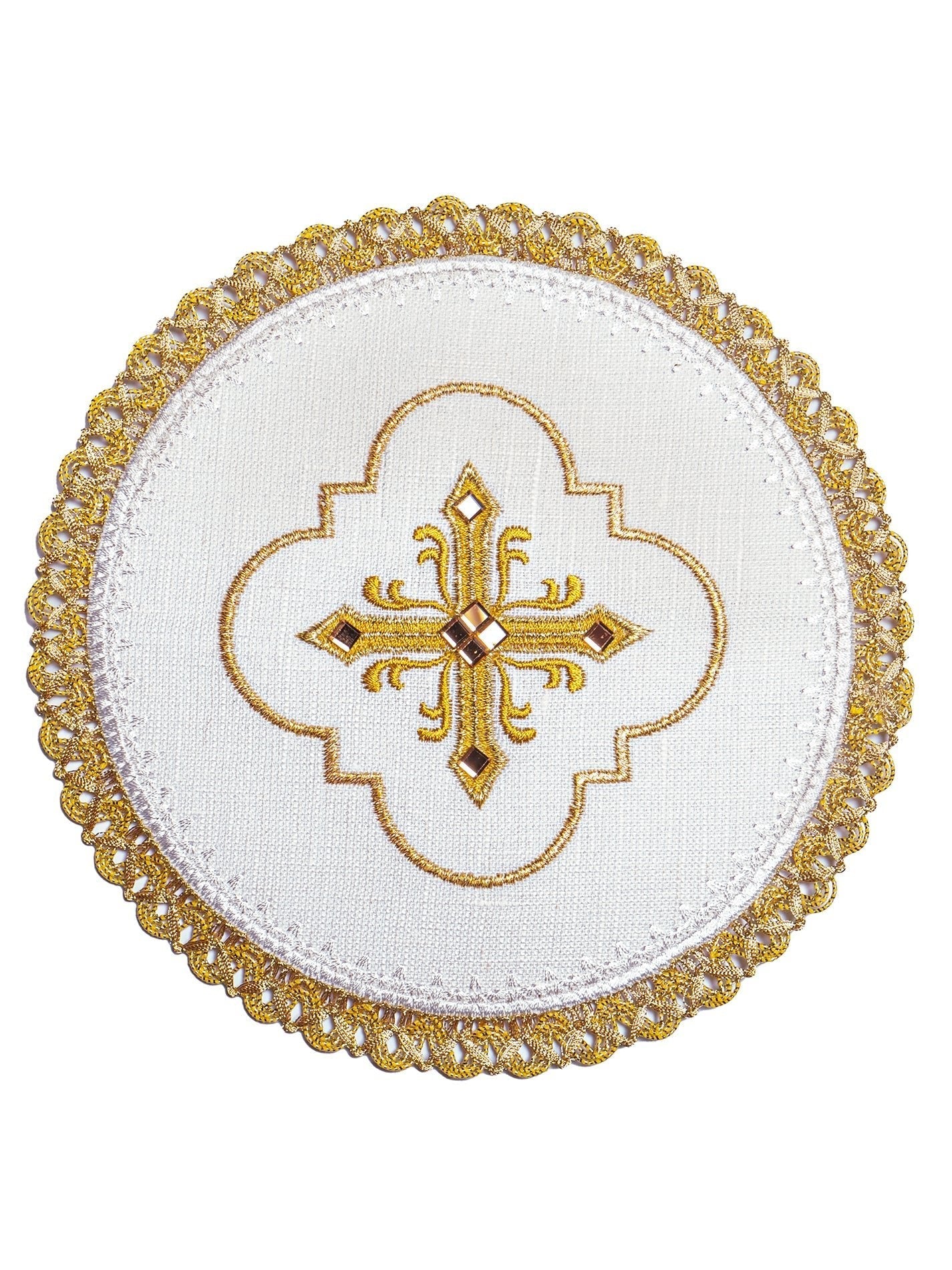 Juego de altar lino ricamente bordado con piedras, palia redonda LE/5004 - CASULLAS.ES
