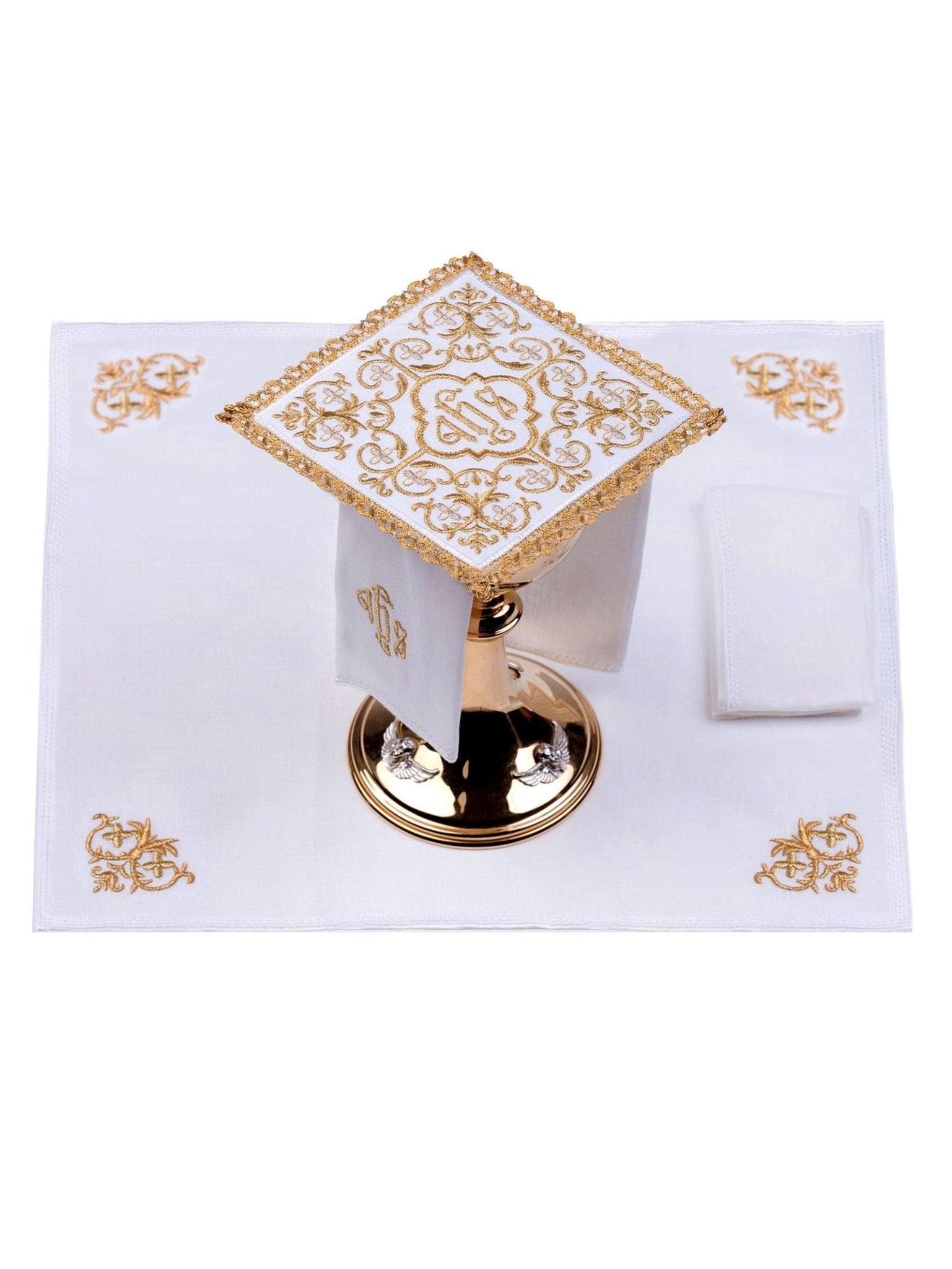 Juego de altar lino ricamente decorado con cruz y bordado JHS S - 5011 - CASULLAS.ES