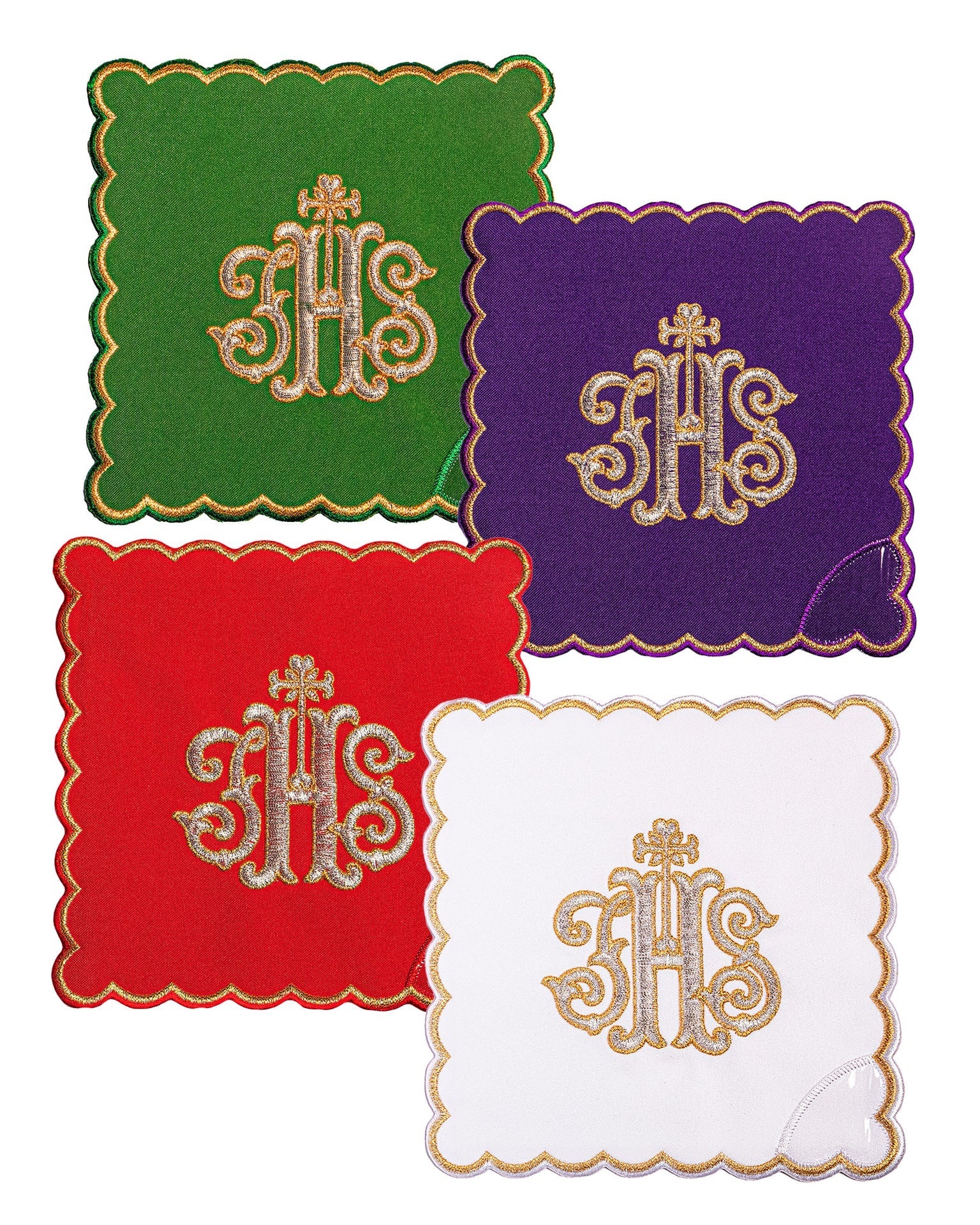 Juego de palias con el símbolo IHS en cuatro colores litúrgicos KPA4/072 18*18 - CASULLAS.ES