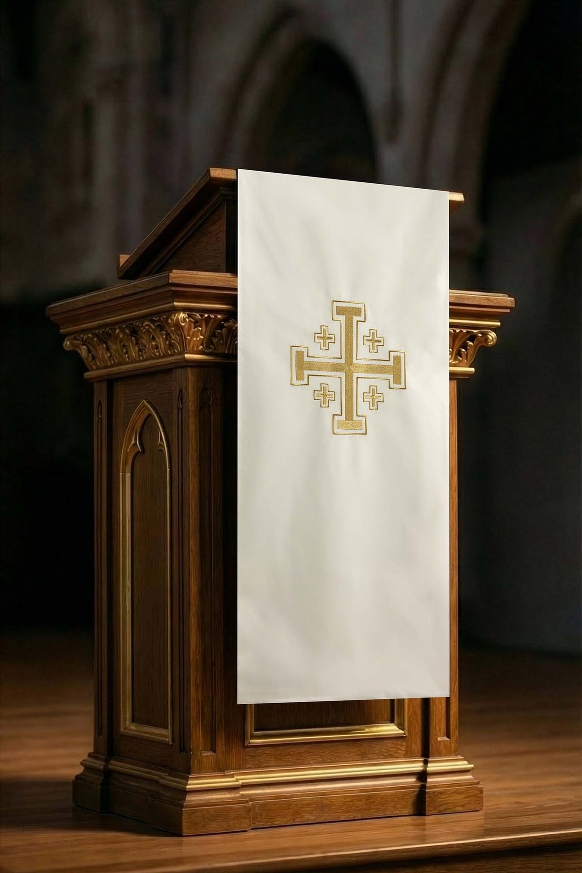 Paño de atril marfil con bordado de la Cruz de Jerusalén, vista frontal completa