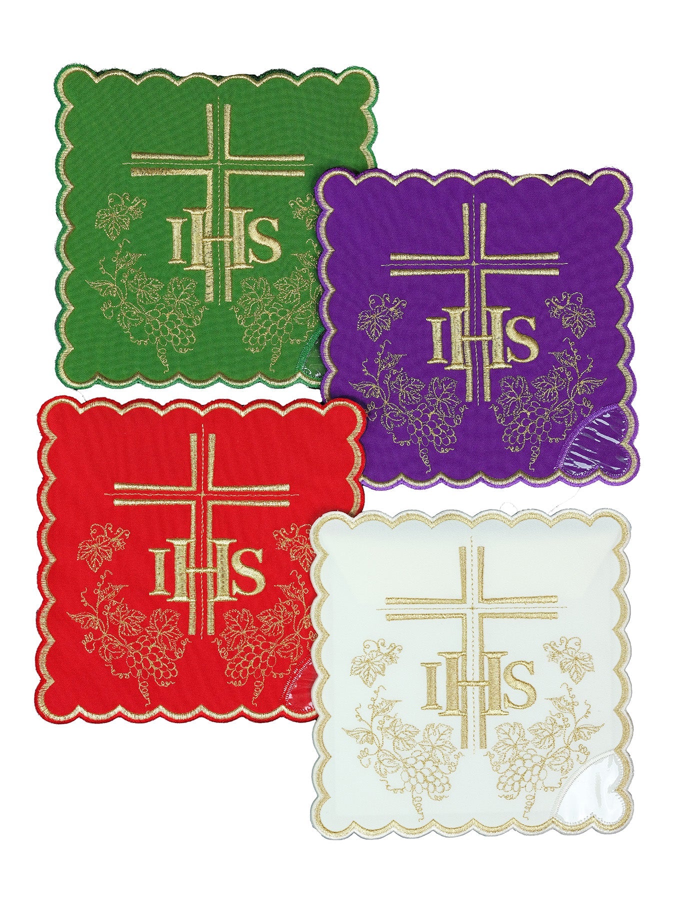 Conjunto de palias de cáliz con el símbolo IHS en cuatro colores litúrgicos