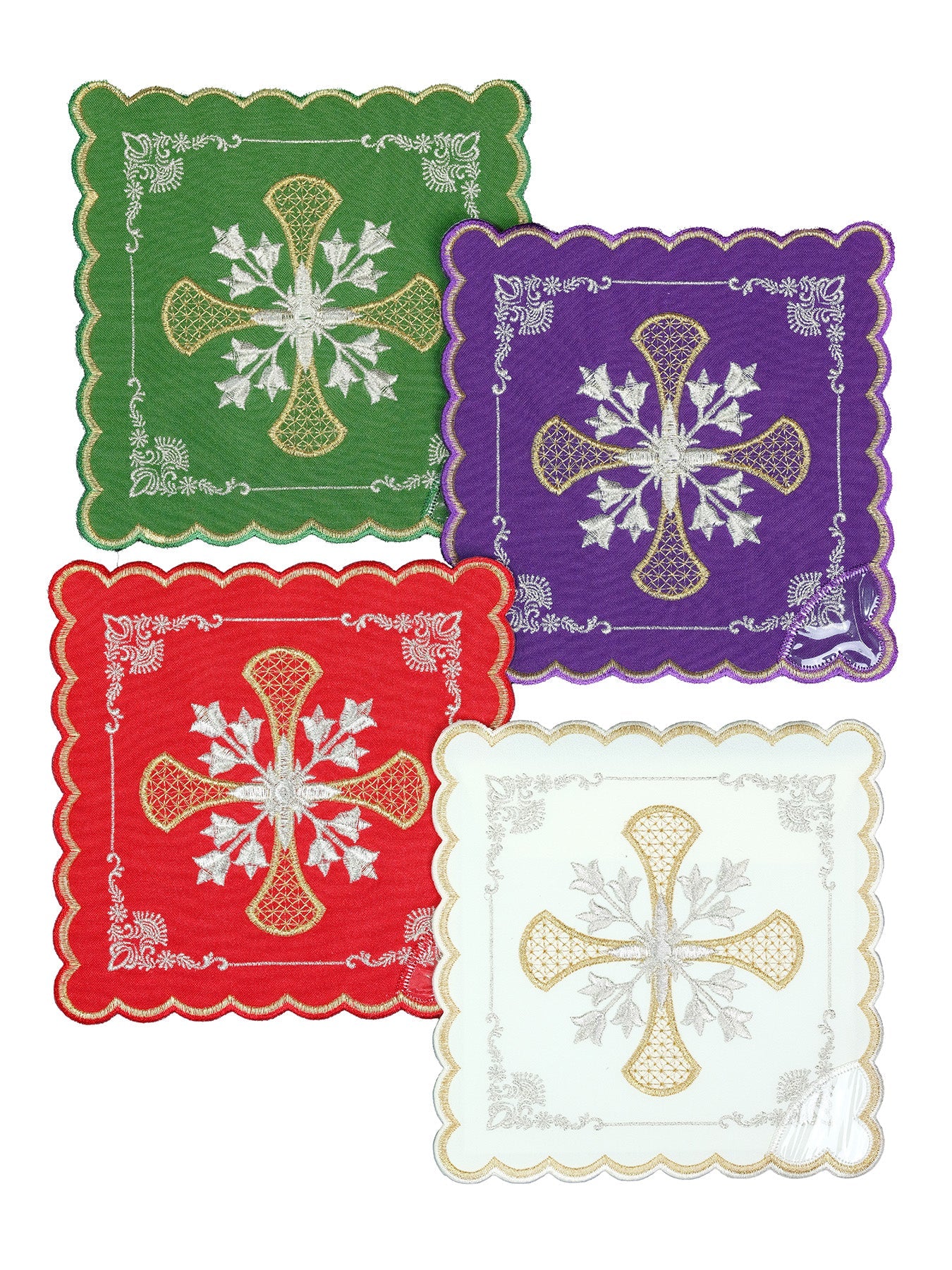 Conjunto de palias de cáliz con símbolo de la cruz en cuatro colores litúrgicos