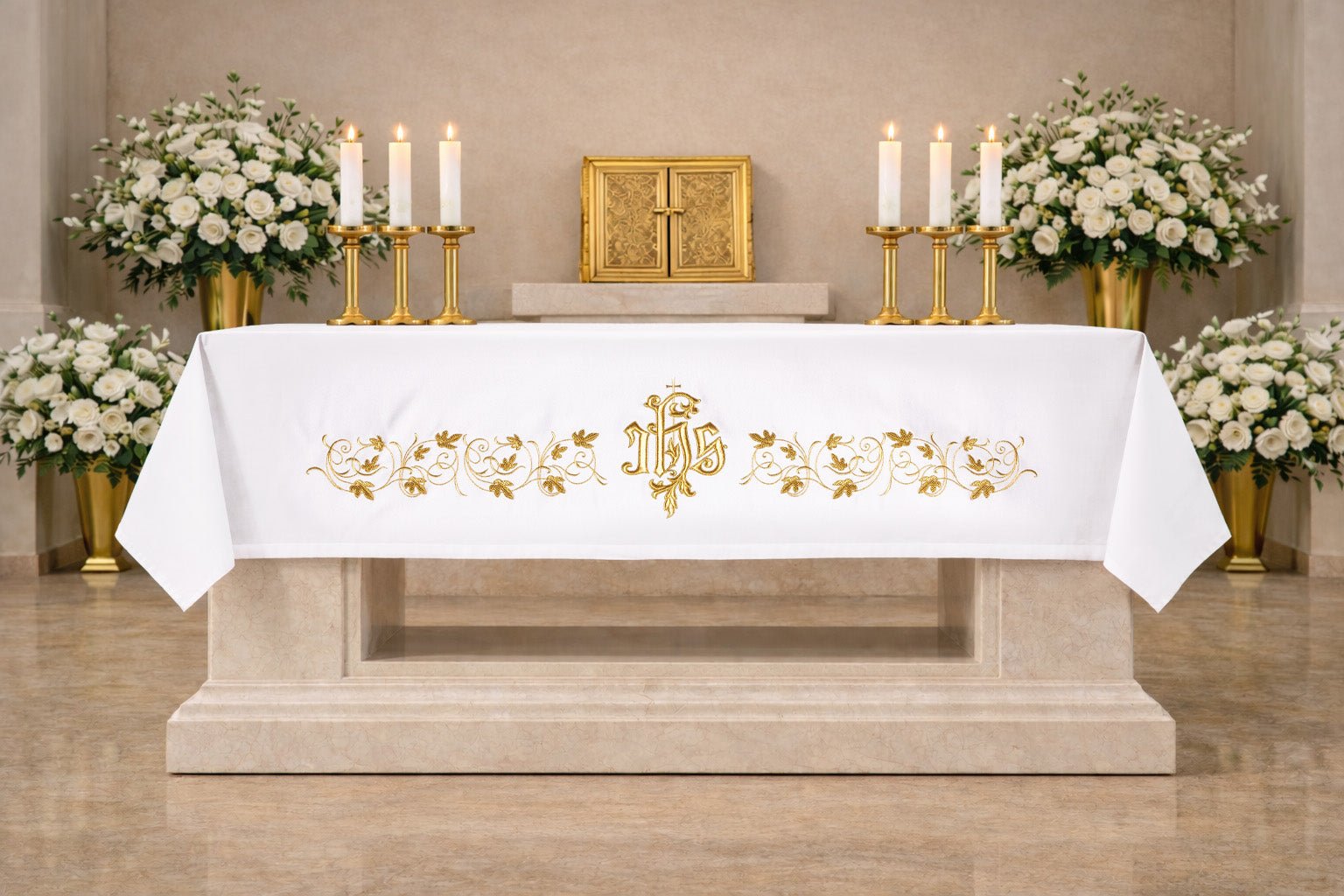 Mantel de altar con símbolo IHS bordado S-8851-04 150*300 - CASULLAS.ES