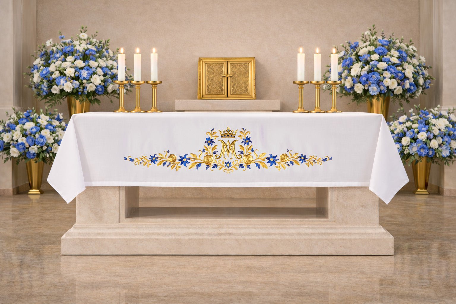 Mantel de altar con símbolo mariano bordado LE/9545/04 150*300 - CASULLAS.ES