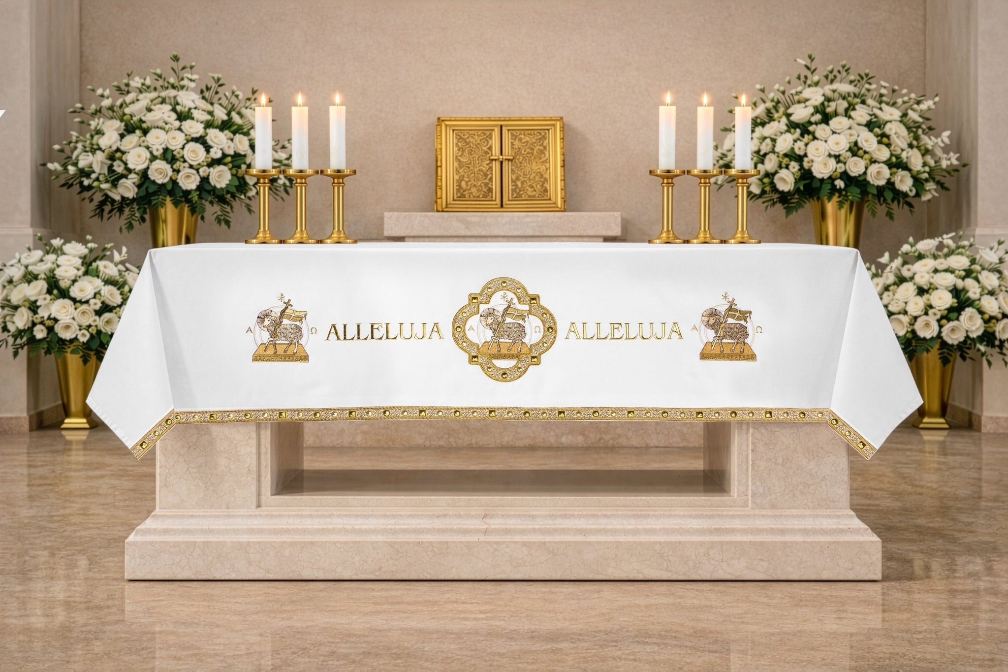 Mantel de altar para Pascua con bordado del Cordero S-8872-04 150*300 - CASULLAS.ES
