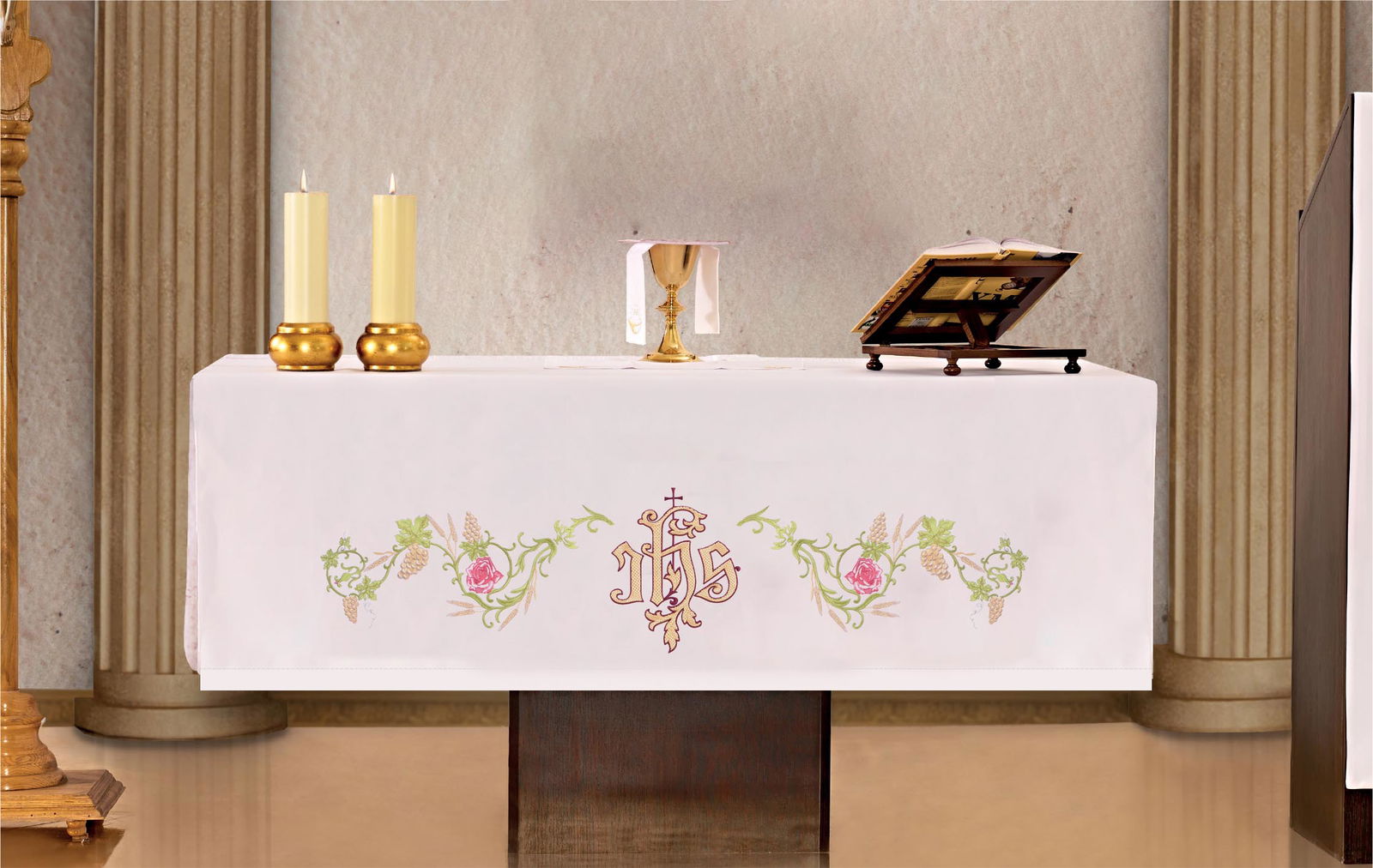 Mantel de altar con bordado frontal IHS