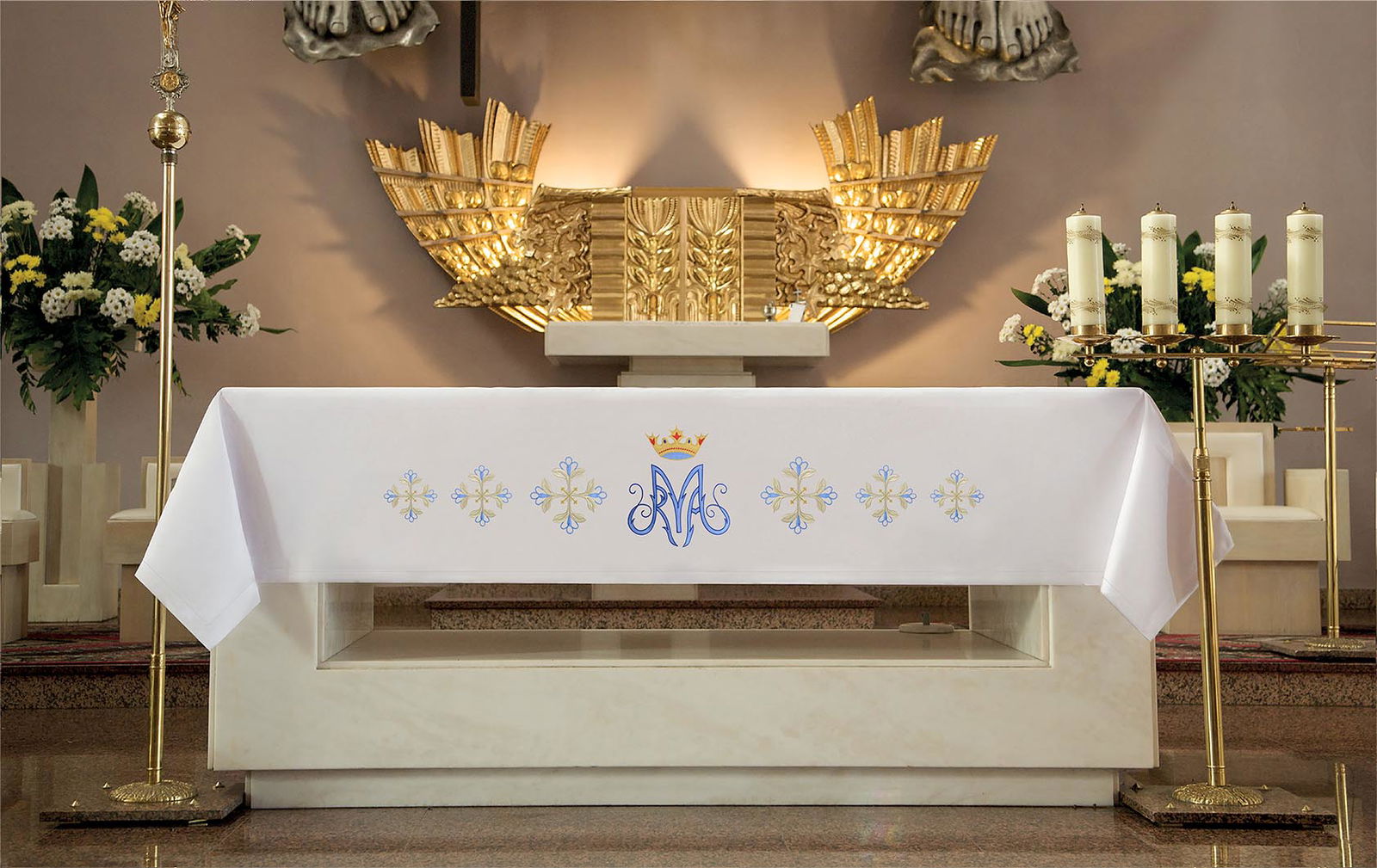 Mantel de altar con bordado frontal azul mariano