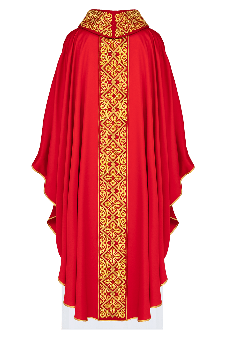 Casulla roja ricamente bordada con motivo floral y cruces