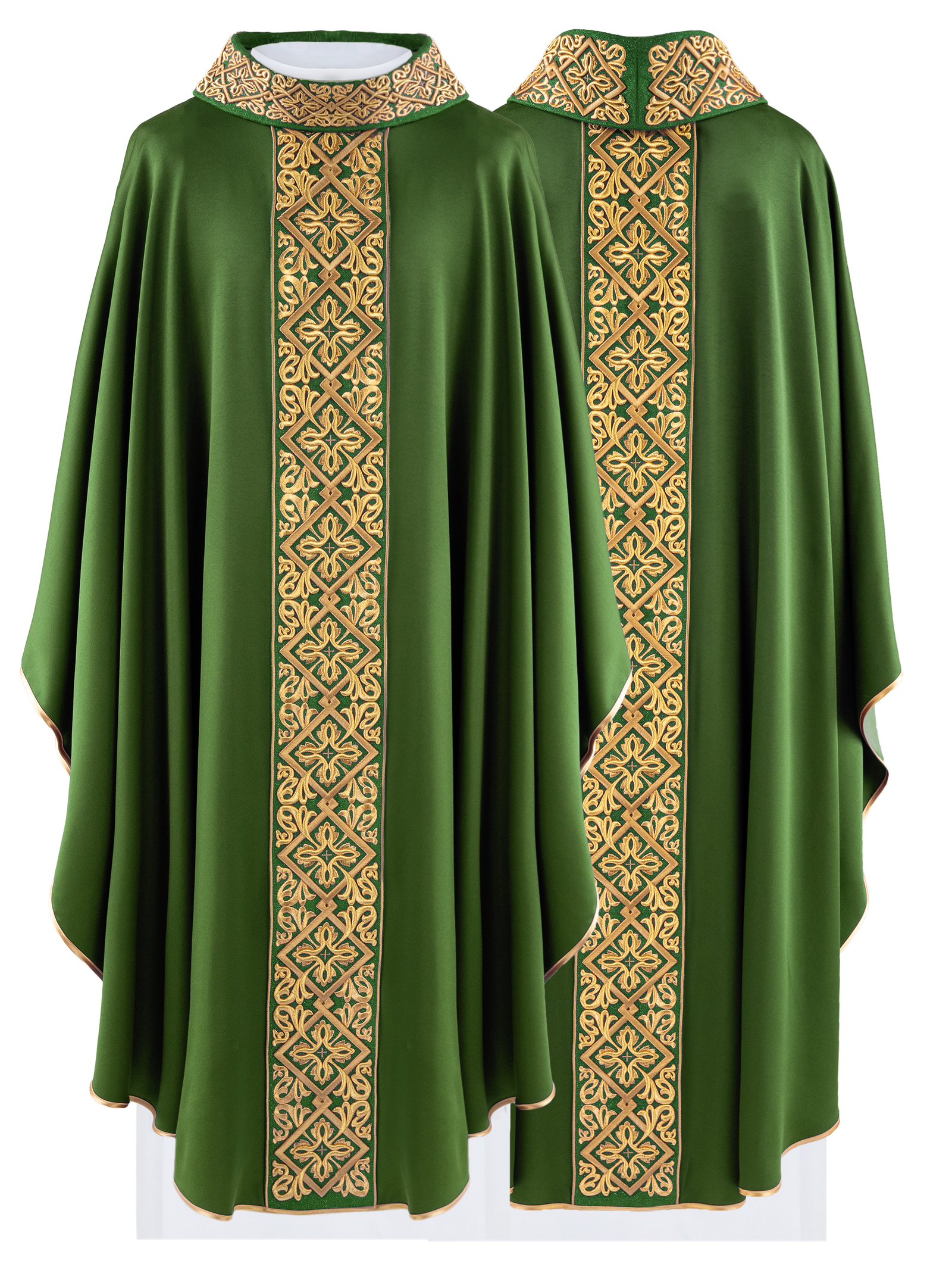 Casulla verde ricamente bordada con motivo floral y cruces