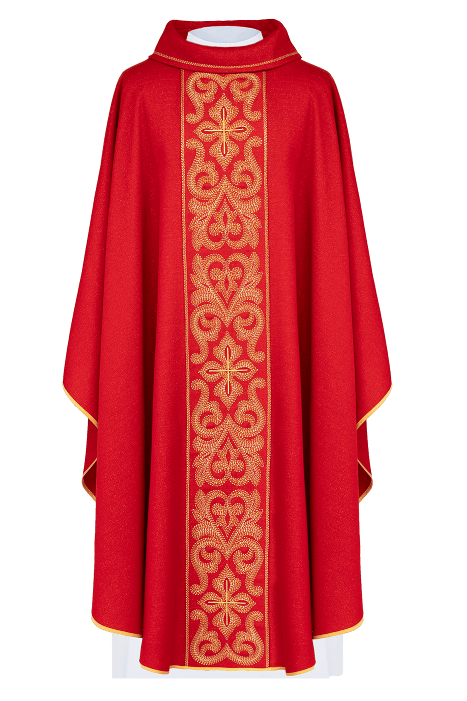 Casulla roja ricamente bordada con cruces