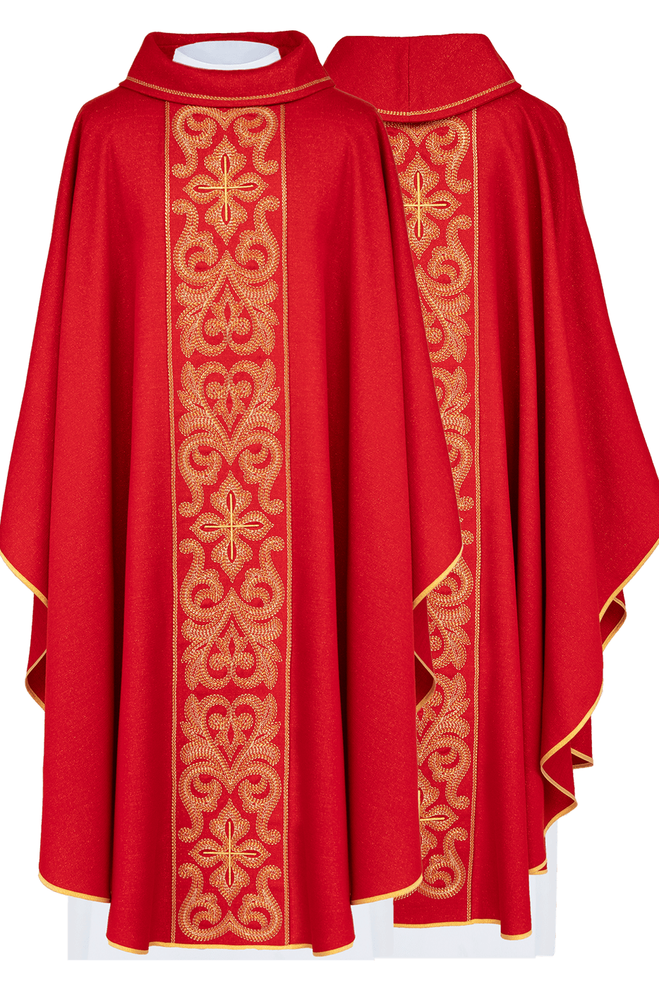 Casulla roja ricamente bordada con cruces