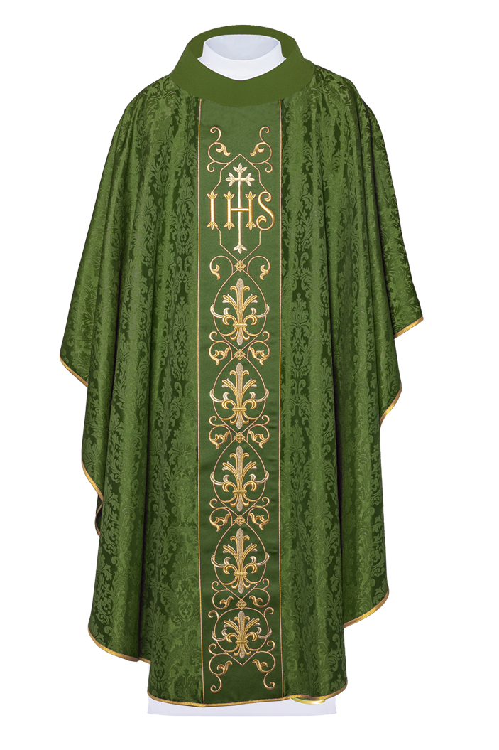 Casulla verde con bordado IHS ; la tela decorativa