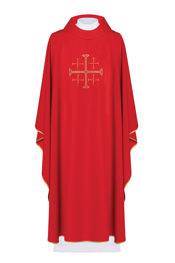 Casulla roja con bordado Cruz de Jerusalén