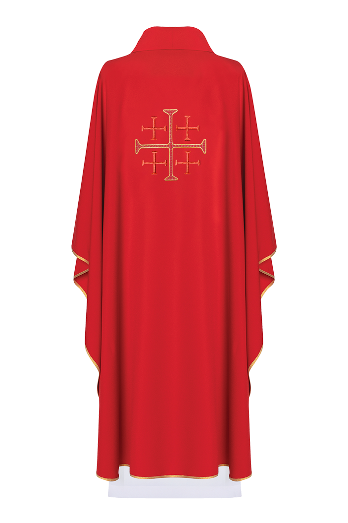 Casulla roja con bordado Cruz de Jerusalén