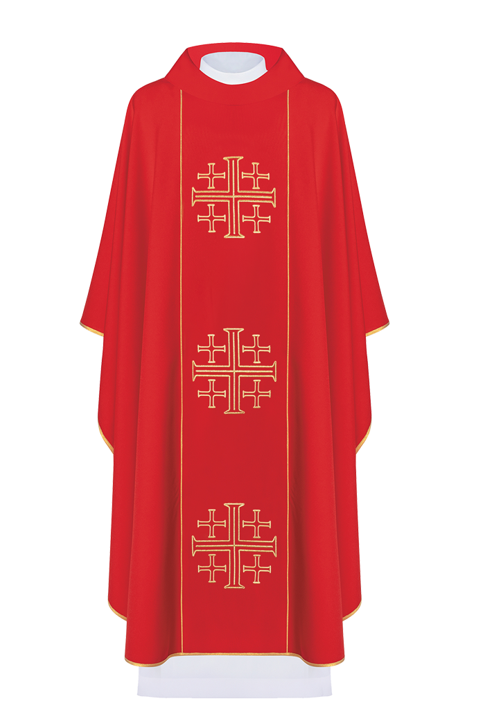 Casulla roja con bordado Cruces de Jerusalén