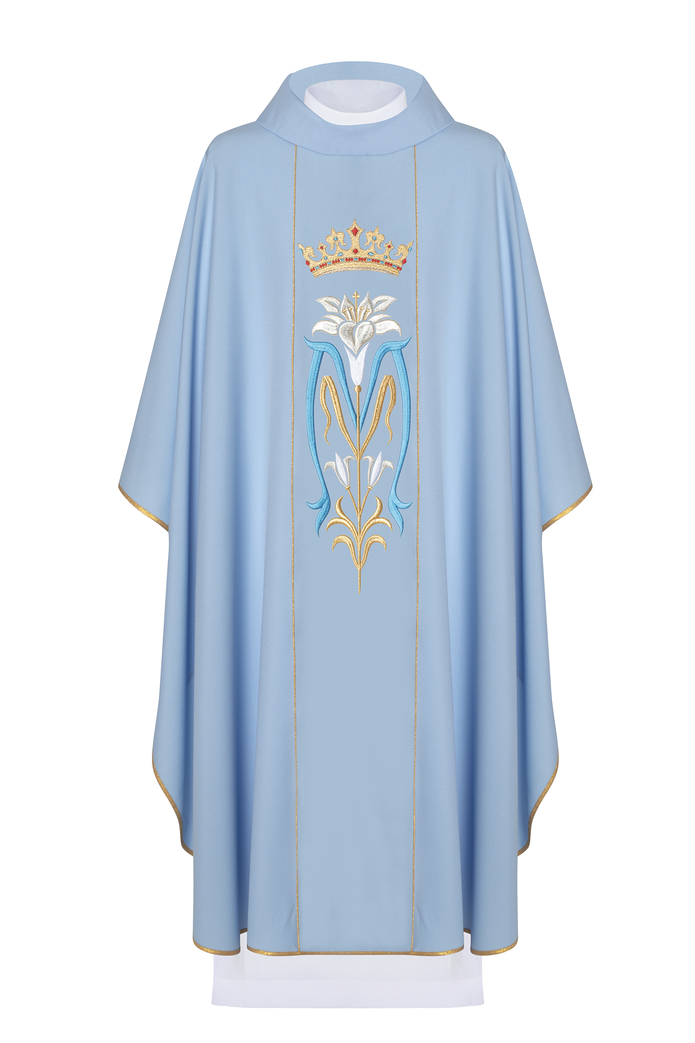 Casulla Mariana azul Con bordado Lirio y Corona