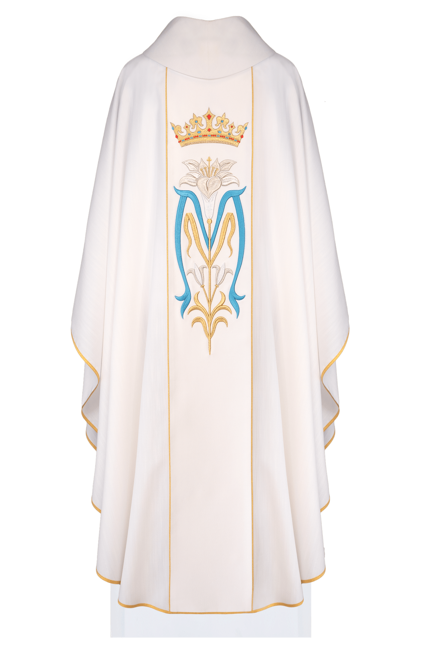 Casulla litúrgica con corona bordada de la Virgen María