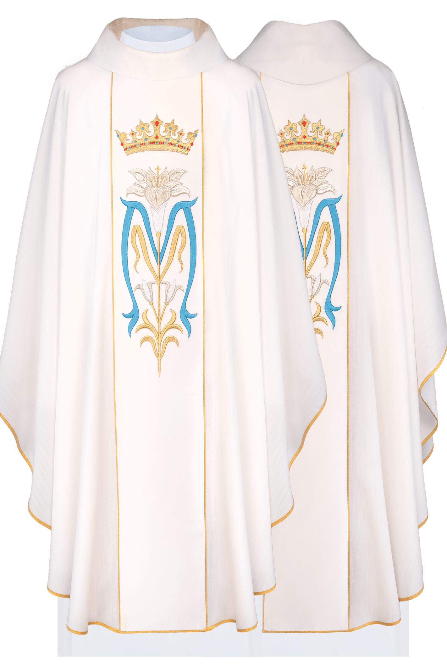 Casulla litúrgica con corona bordada de la Virgen María