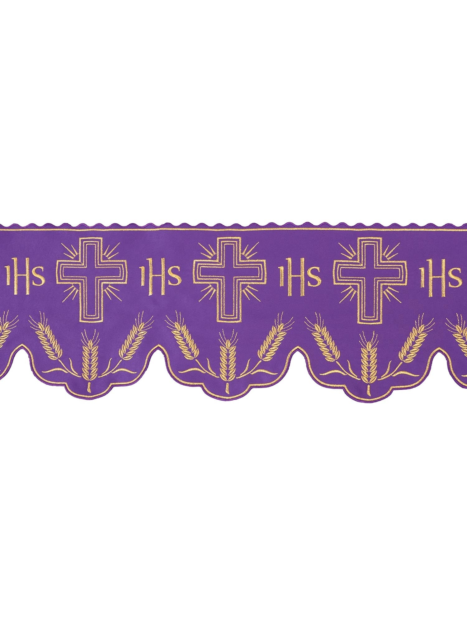 Puntilla de altar con bordado Cruz e IHS - morado KOM/040/03 20cm 3,5m - CASULLAS.ES