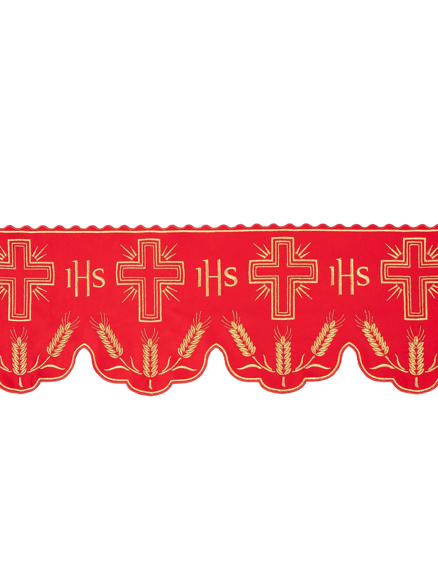 Puntilla de altar con bordado Cruz e IHS - rojo KOM/040/02 20cm 3,5m - CASULLAS.ES