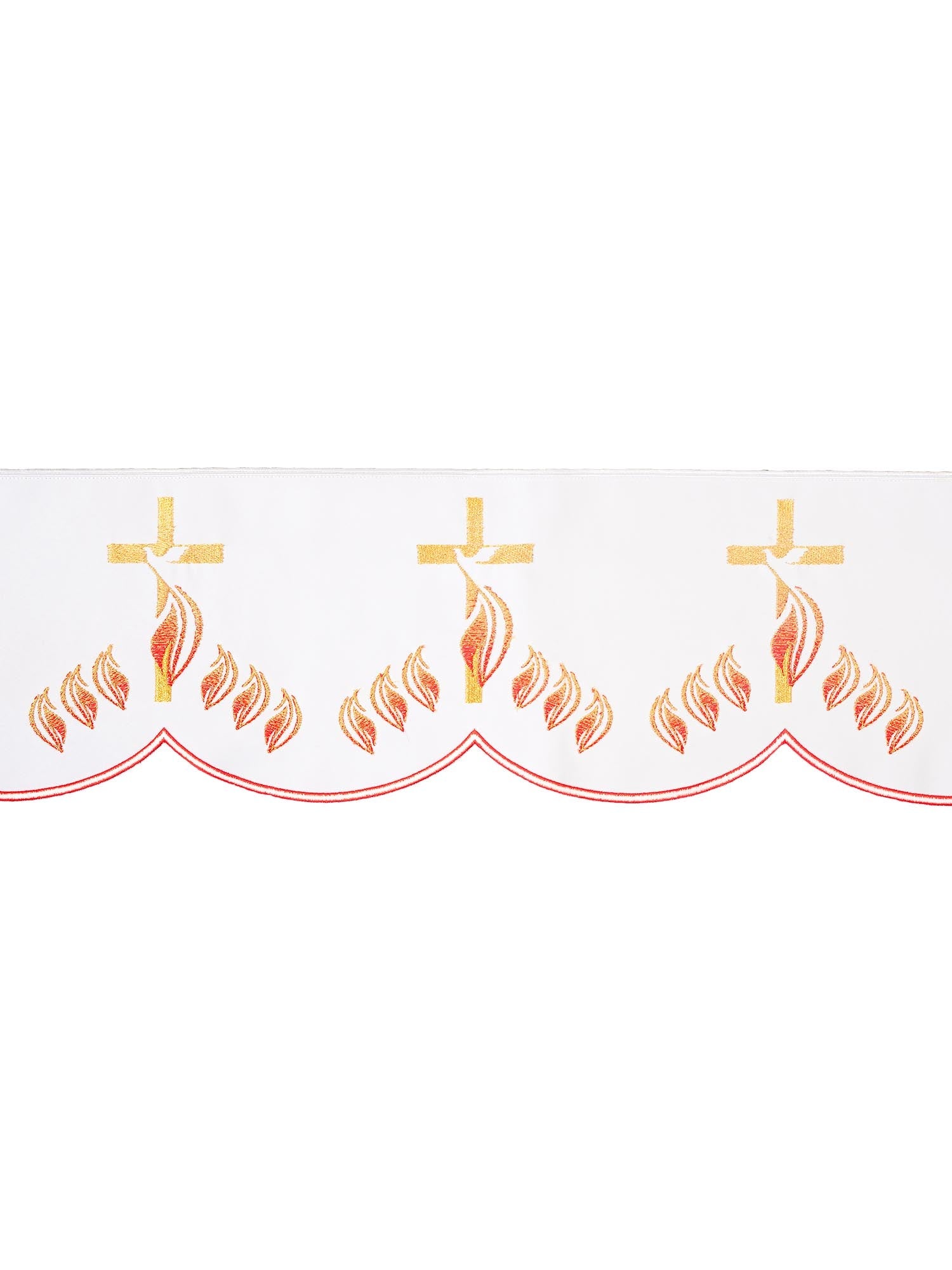 Puntilla de altar con bordado Cruz y Fuego - blanco KOM/216/04 17cm 3,5m - CASULLAS.ES