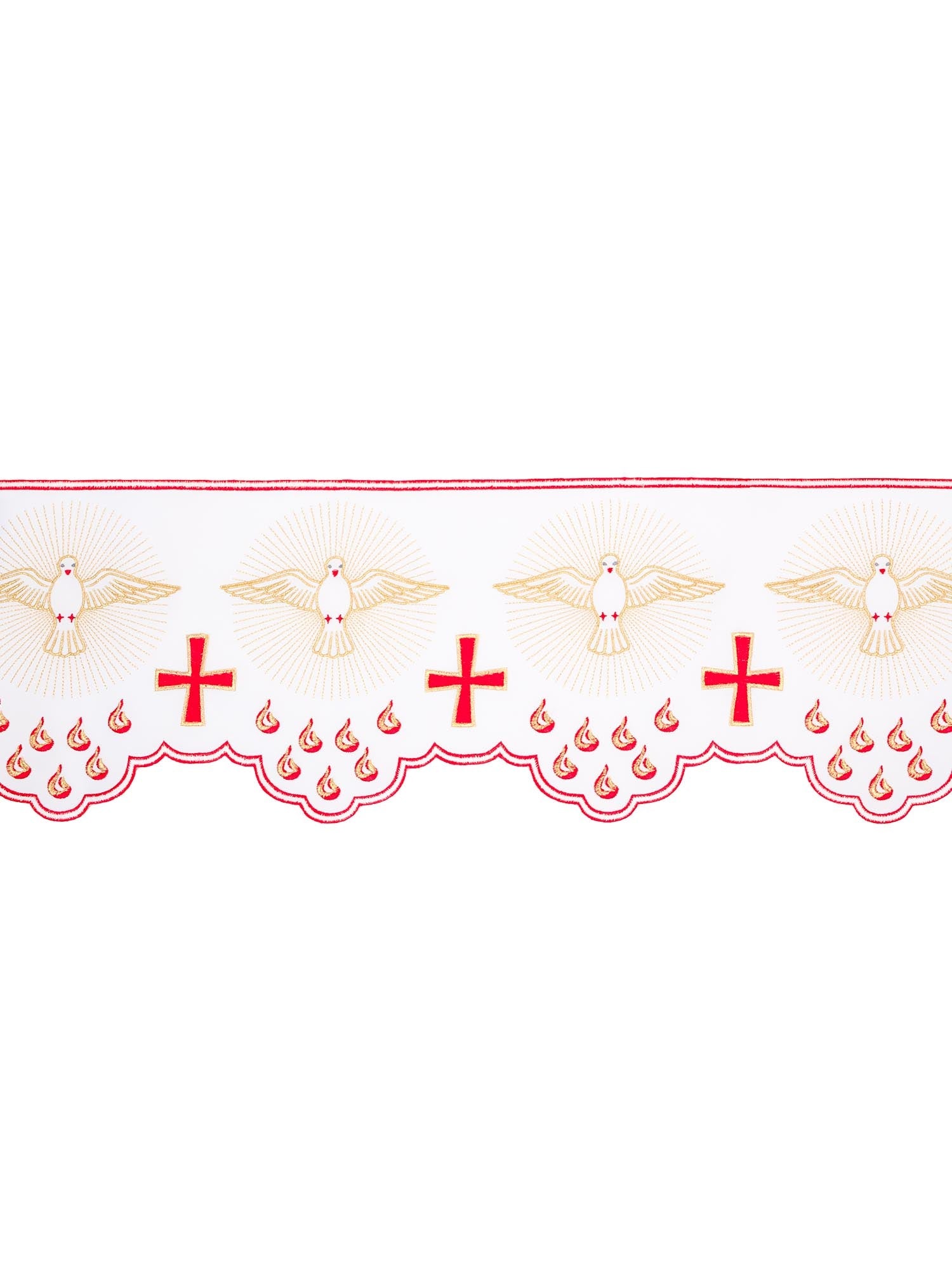Puntilla de altar con bordado Espíritu Santo con llamas - blanco KOM/044/04 20cm 3,5m - CASULLAS.ES