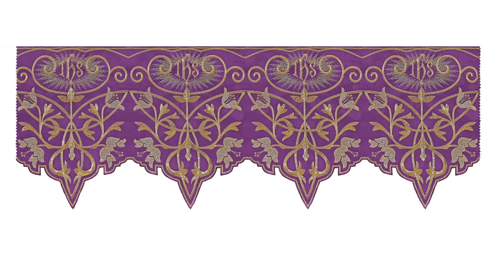 Puntilla de altar con bordado IHS - morado KOM/037/03 27cm 3,5m - CASULLAS.ES