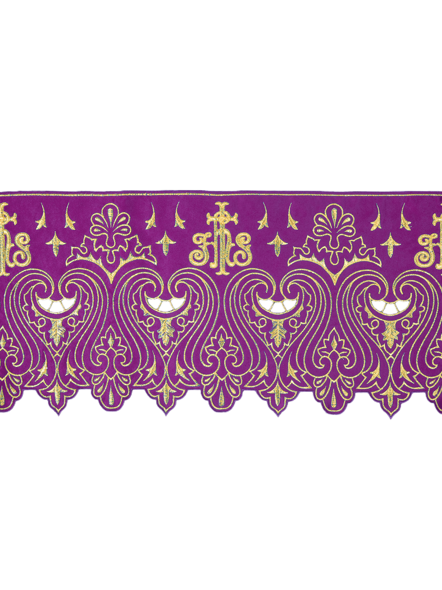 Puntilla de altar con bordado IHS - morado KOM/031/03 24cm 3,5m - CASULLAS.ES