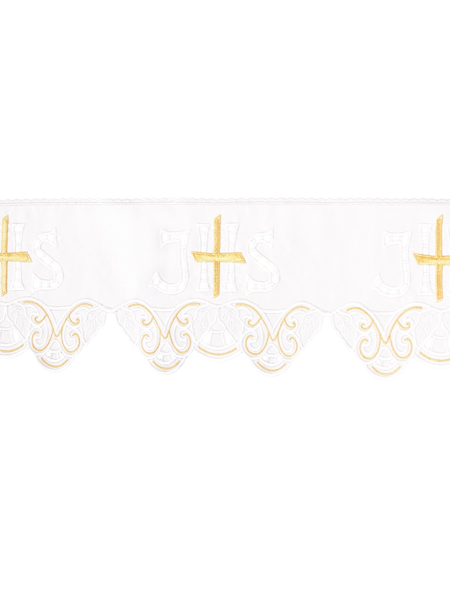 Puntilla de altar con bordado IHS y Cruz - blanco KOM/058/04 19cm 3,5m - CASULLAS.ES