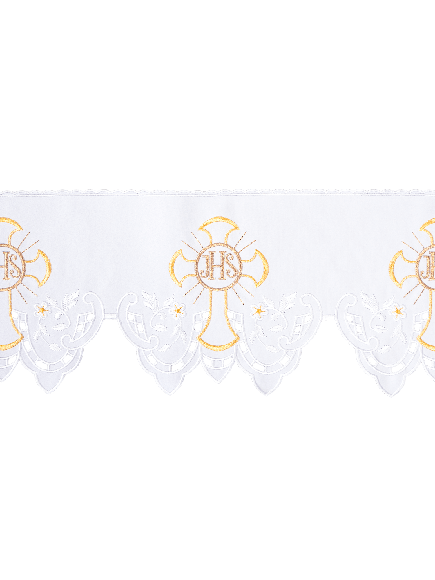 Puntilla de altar con bordado IHS y Cruz - blanco KOM/055/04 22cm 3,5m - CASULLAS.ES