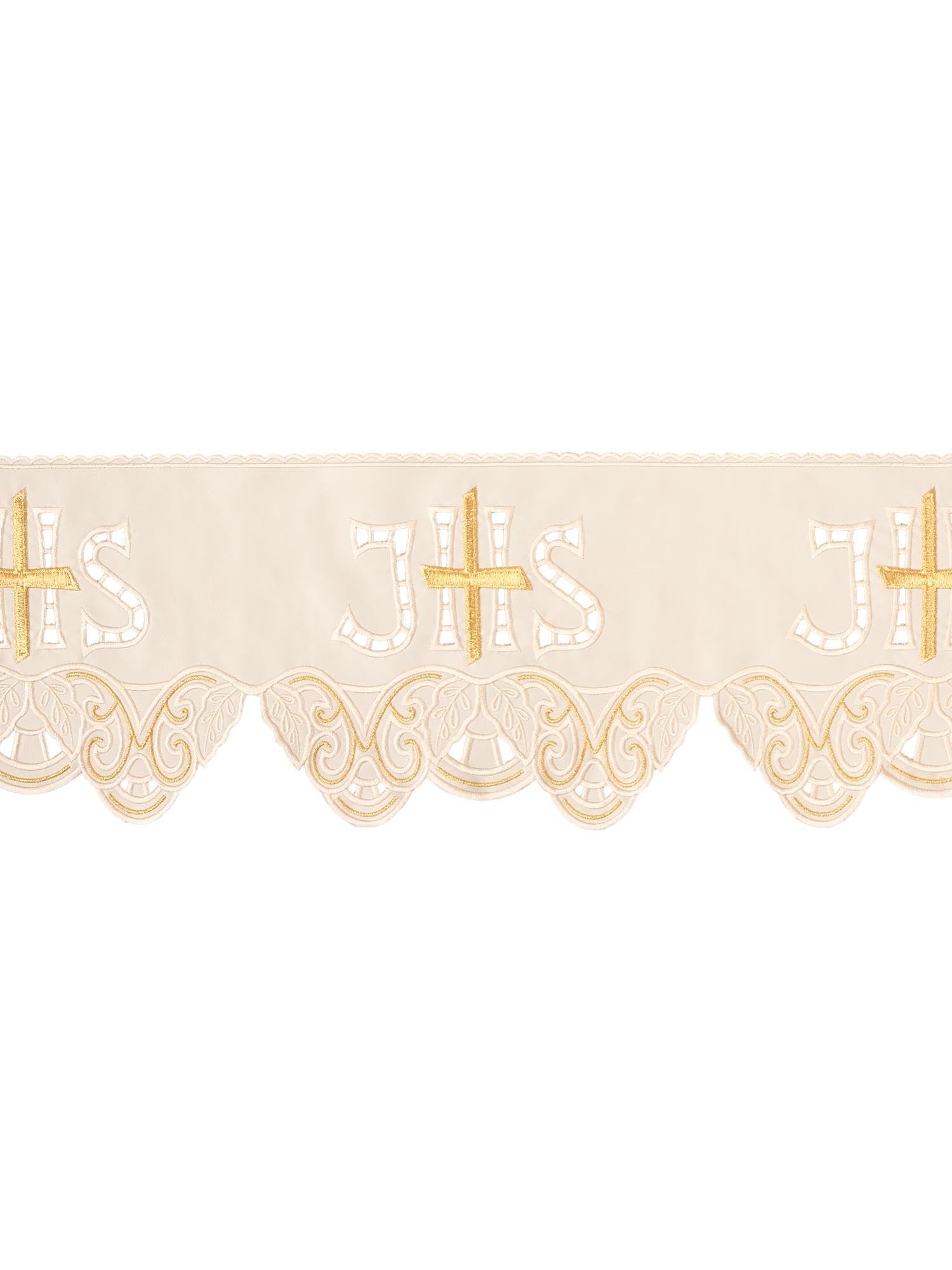 Puntilla de altar con bordado IHS y Cruz - marfil KOM/058/05 19cm 3,5m - CASULLAS.ES