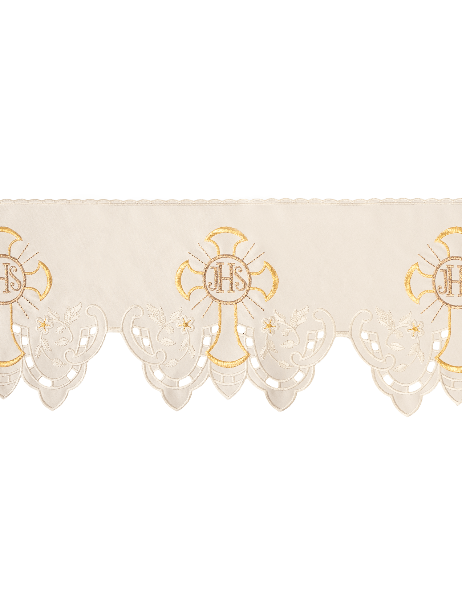 Puntilla de altar con bordado IHS y Cruz - marfil KOM/055/05 22cm 3,5m - CASULLAS.ES
