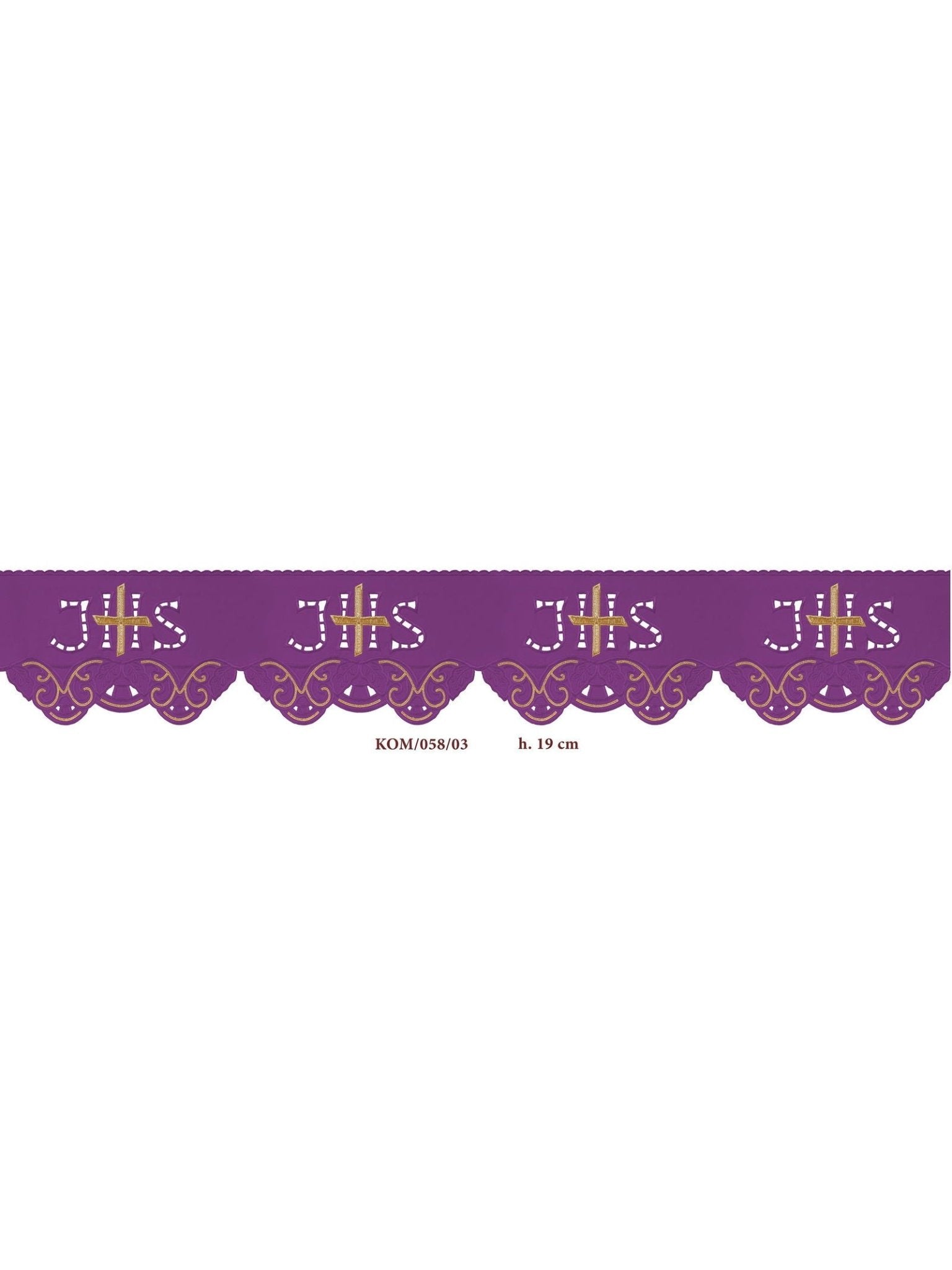 Puntilla de altar con bordado IHS y Cruz - morado KOM/058/03 19cm 3,5m - CASULLAS.ES