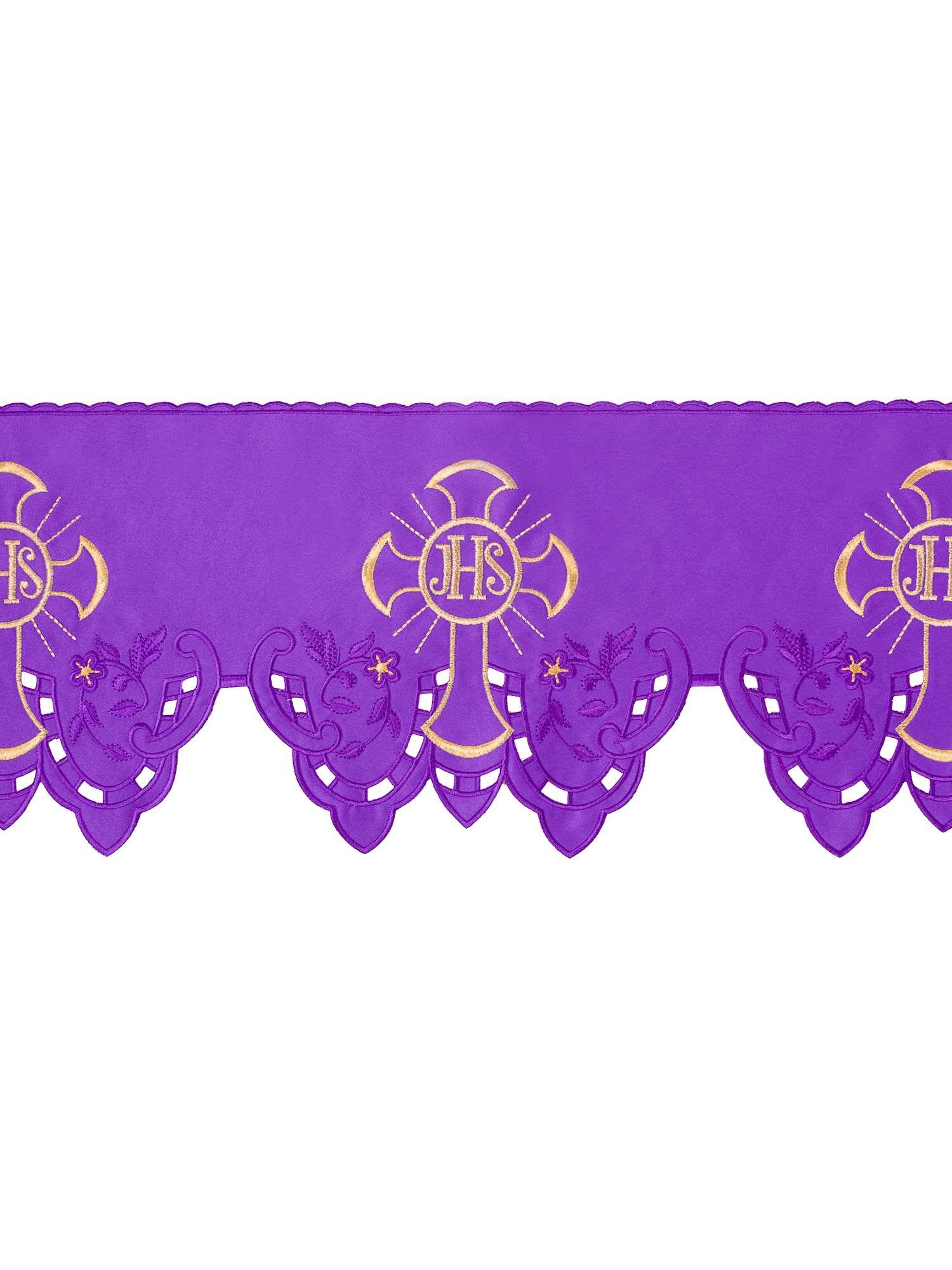 Puntilla de altar con bordado IHS y Cruz - morado KOM/055/03 22cm 3,5m - CASULLAS.ES