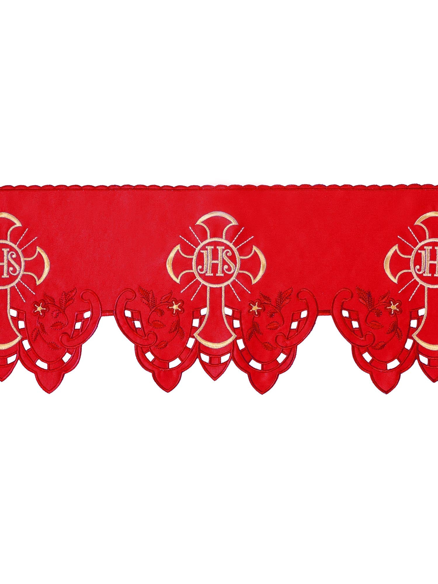 Puntilla de altar con bordado IHS y Cruz - rojo KOM/055/02 22cm 3,5m - CASULLAS.ES