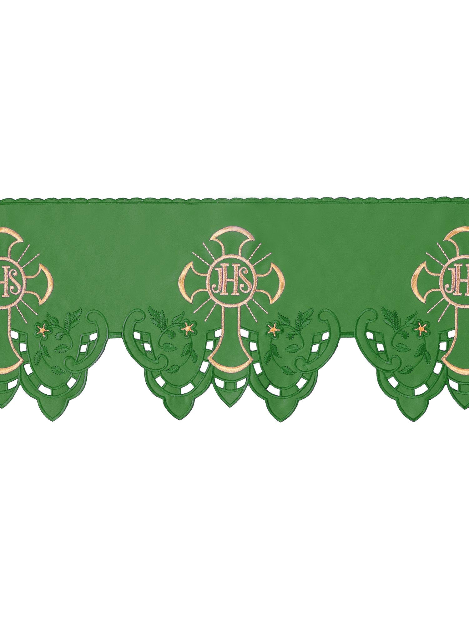 Puntilla de altar con bordado IHS y Cruz - verde KOM/055/01 22cm 3,5m - CASULLAS.ES