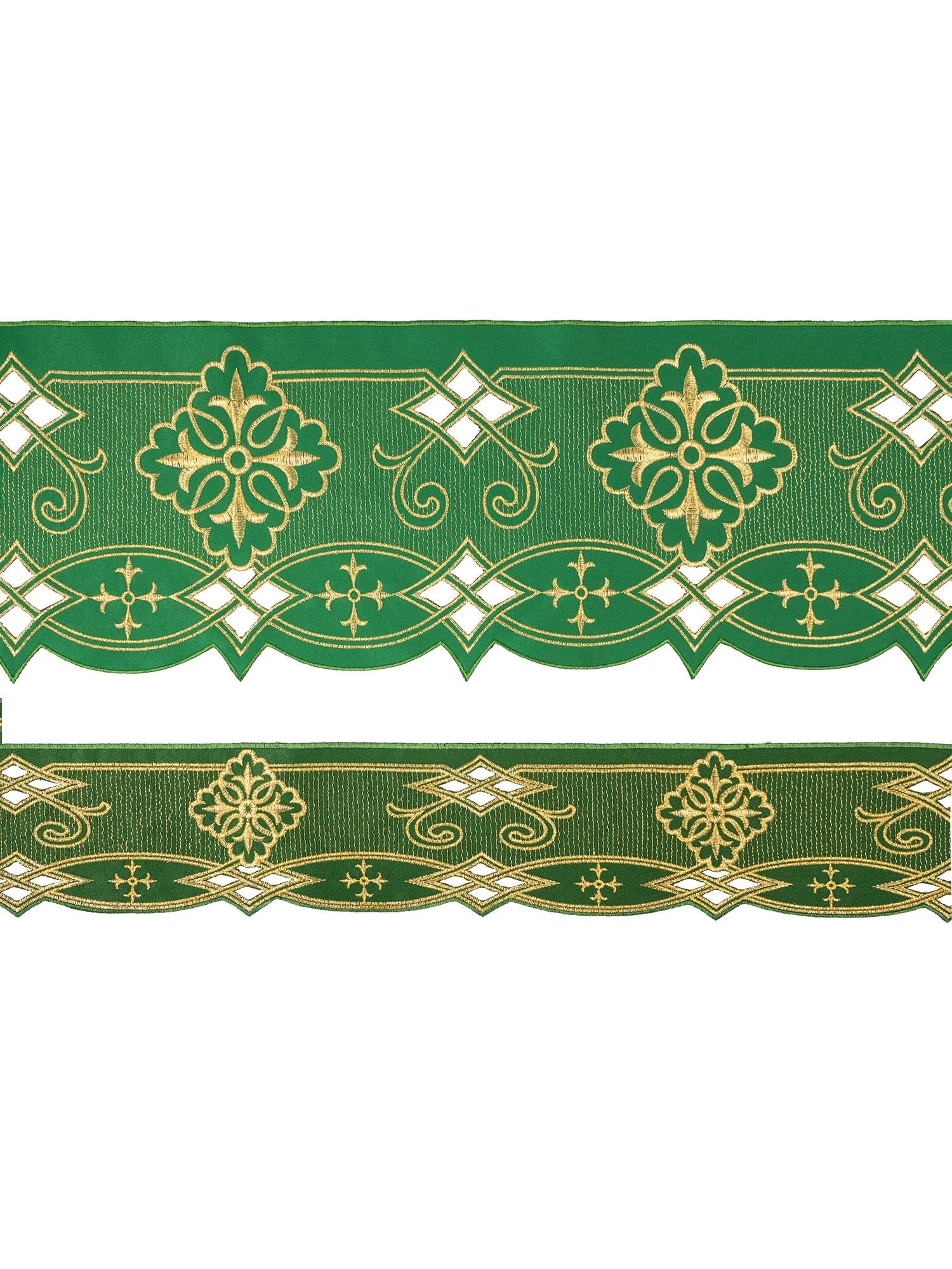 Puntilla de altar con bordado Rosetón - verde KOM/030/01 9cm 3,5m - CASULLAS.ES