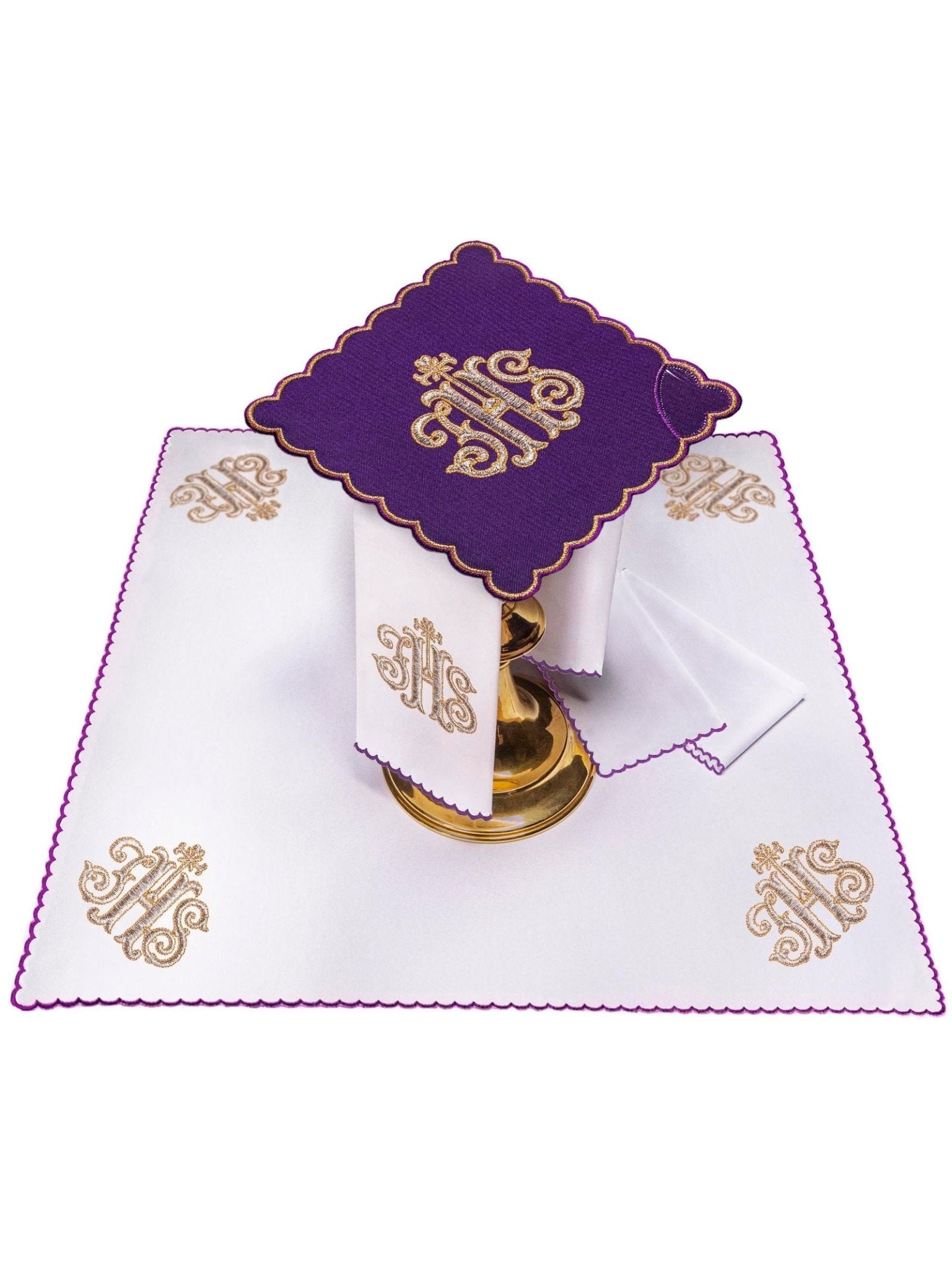 Servicio de altar bordado IHS, palia morada KK/072/03 - CASULLAS.ES